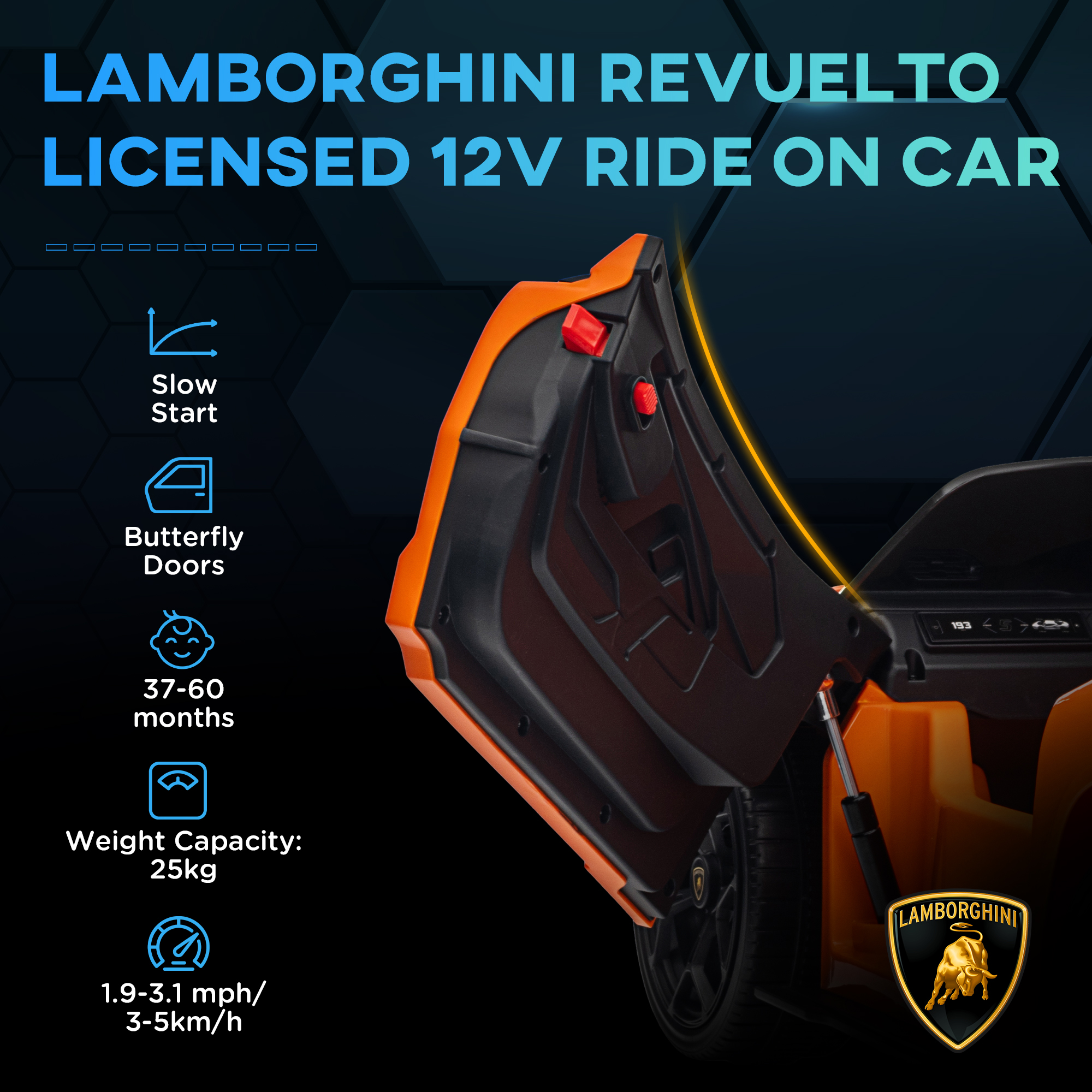AIYAPLAY Lamborghini Revuelto Licensed 12V Ride on Car w/ Butterfly Doors, Transport Wheels, Suspension, Remote Control, Orange 4