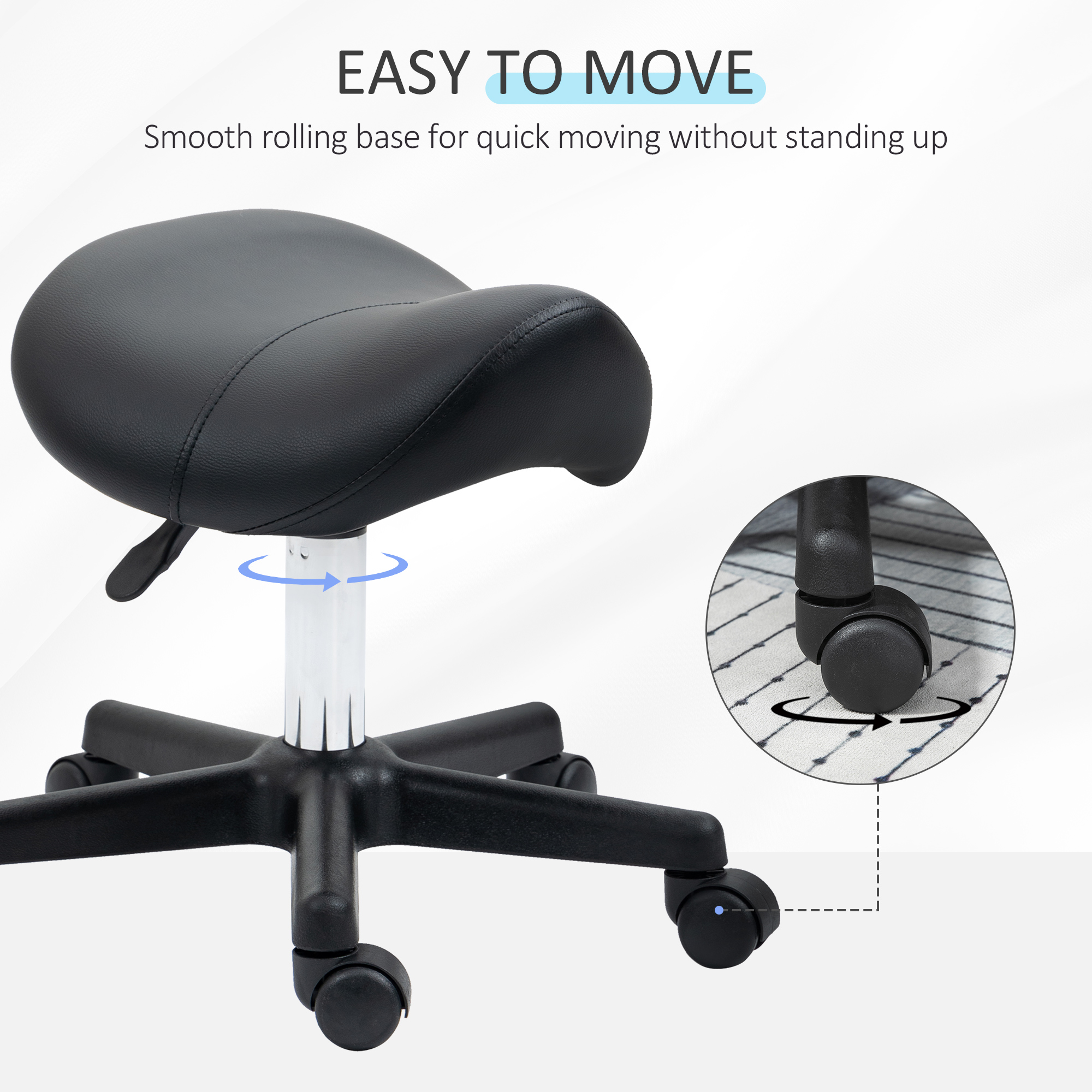 HOMCOM Saddle Stool, PU Leather Adjustable Rolling Salon Chair with Steel Frame for Massage, Spa, Beauty and Tattoo, Black 5