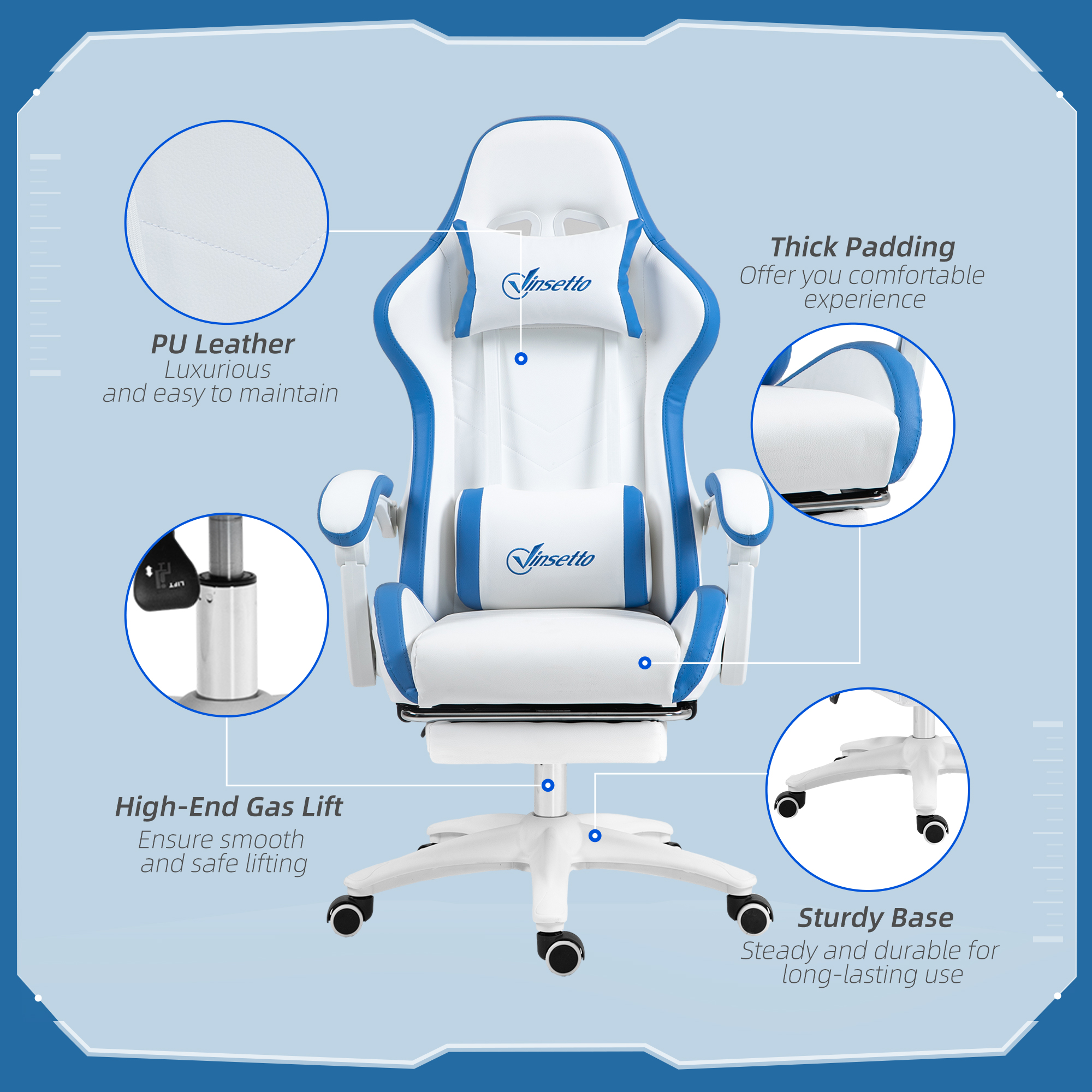 Vinsetto Computer Gaming Chair, PU Leather Office Desk Chair with Footrest, Swivel Wheels, 135° Reclining Back, Lumbar Support, Headrest for Home, White and Blue 7