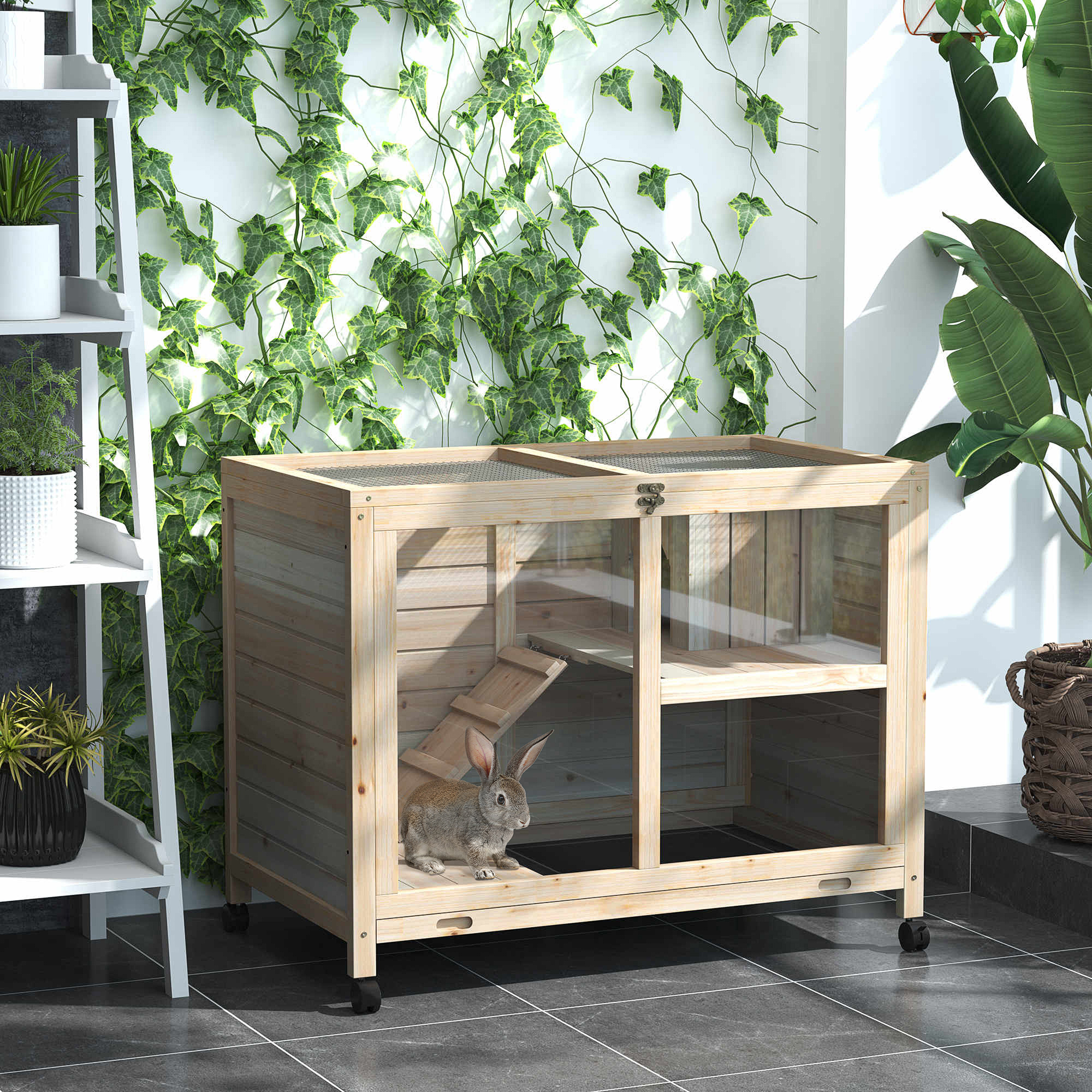 PawHut Rabbit Hutch Indoor Wooden Guinea Pig House Hamster Cage with Wheels, 2 Layers Bunny Cage with Openable Roof, 91.5 x 53.3 x 73 cm, Natural 2