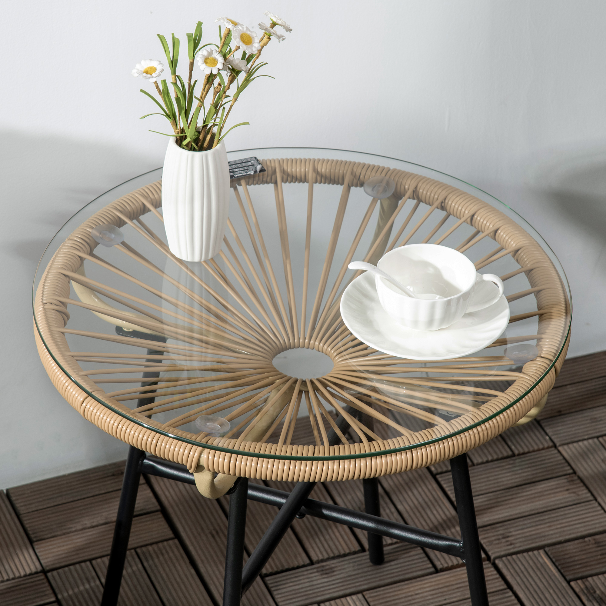 Outsunny Rattan Side Table, Round Outdoor Coffee Table, with Round PE Rattan and Tempered Glass Tabletop for Patio, Garden, Balcony, Beige 9