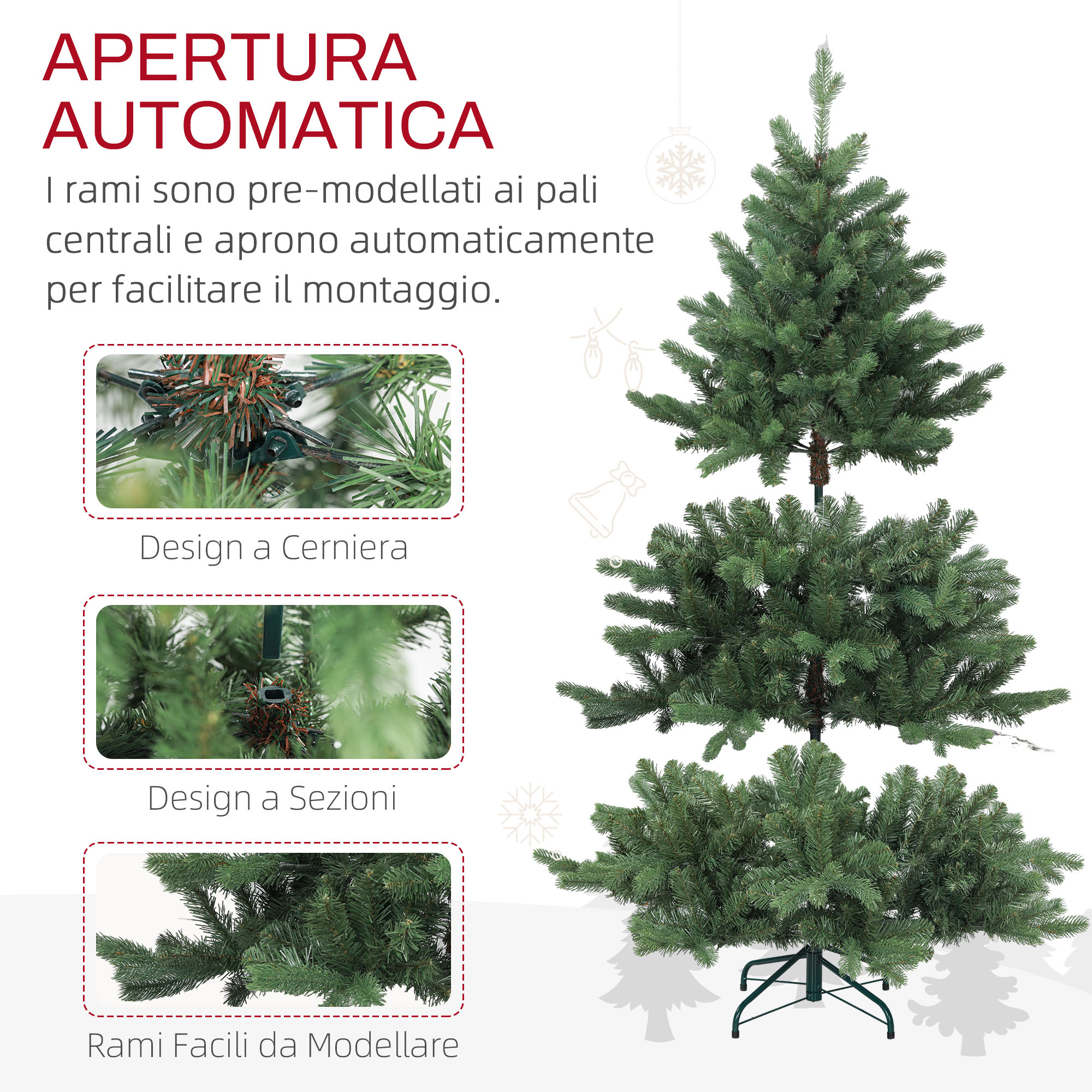 HOMCOM Albero di Natale artificiale 150 cm, albero di Natale con 492 rami densi e supporto metallico pieghevole, facile da montare, per soggiorno, interno, verde
