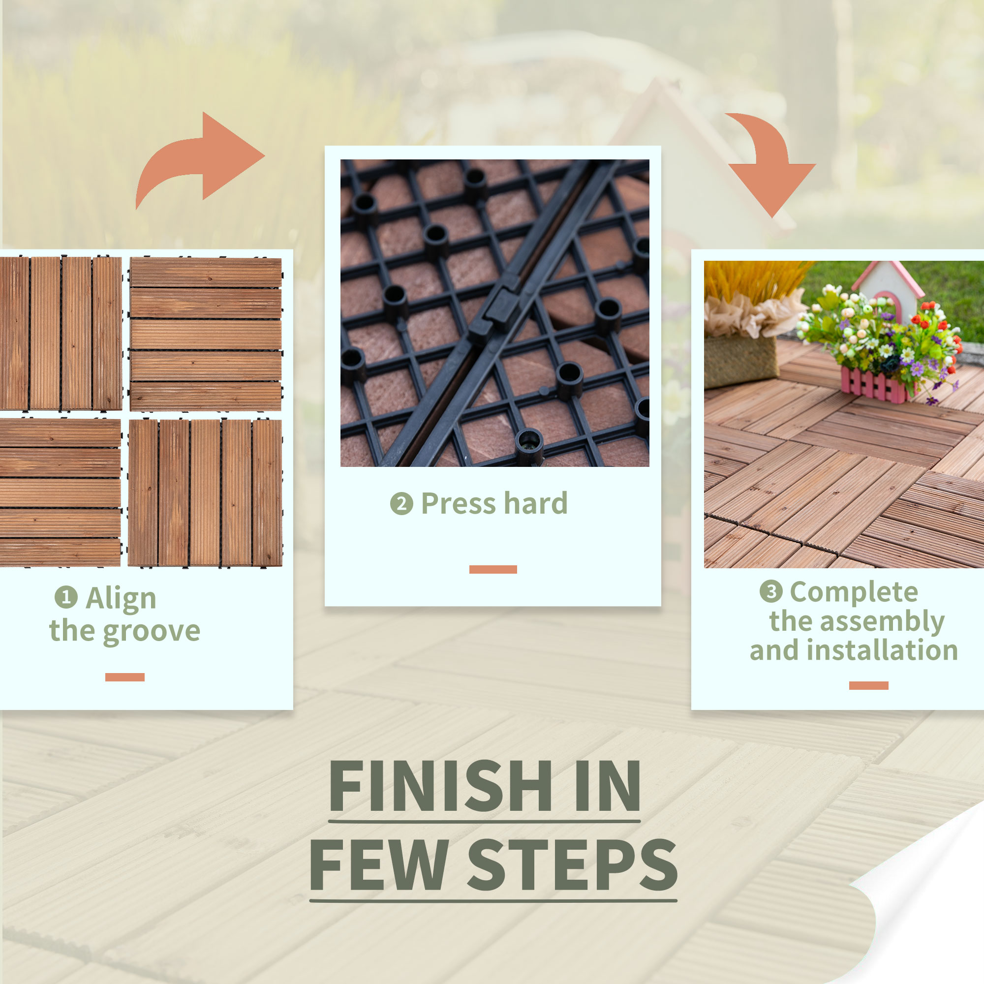 Outsunny 27 Pcs Solid Wood Interlocking Decking Tiles For Patio, Balcony, Roof Terrace, Hot Tub, Brown, (30 x 30 cm Per Piece) 6