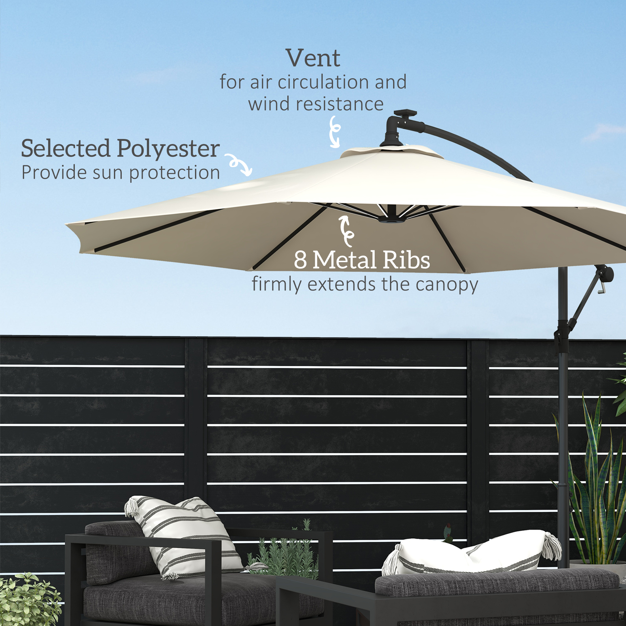 Outsunny 3m Solar LED Light Offset Cantilever Parasol Beige 7