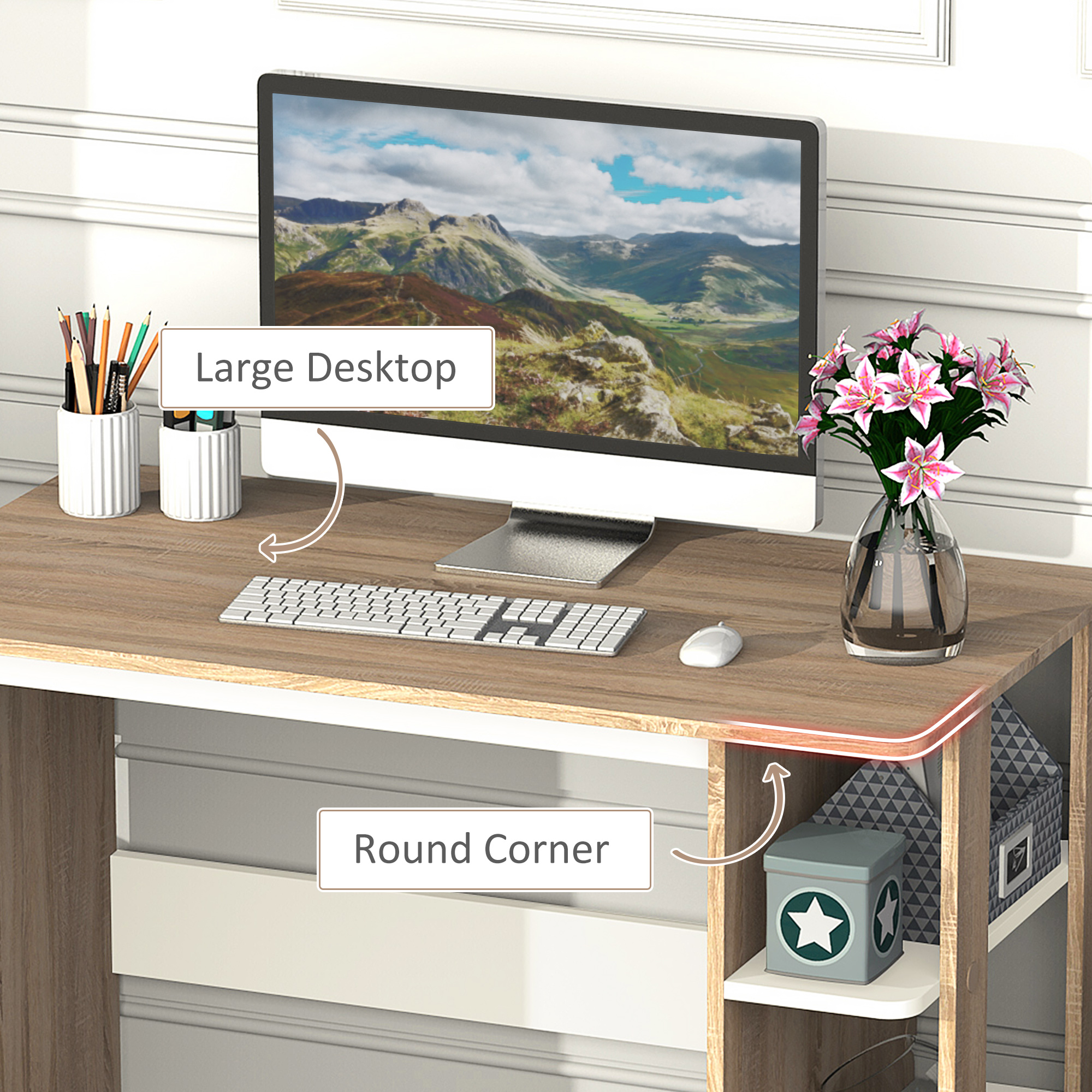 HOMCOM Computer Desk, Writing Desk with 3-Tier Storage Shelf, Work Table for Home Office, Study, Living Room, Oak and White 5
