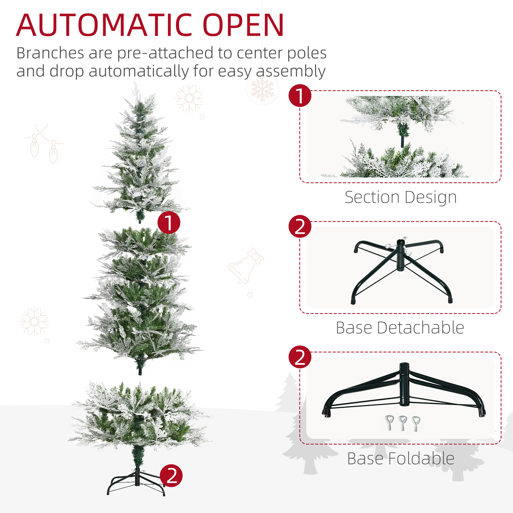 HOMCOM 7 Ft Pencil Snow Flocked Artificial Christmas Tree with Realistic Cypress Branches, Auto Open, Green 6
