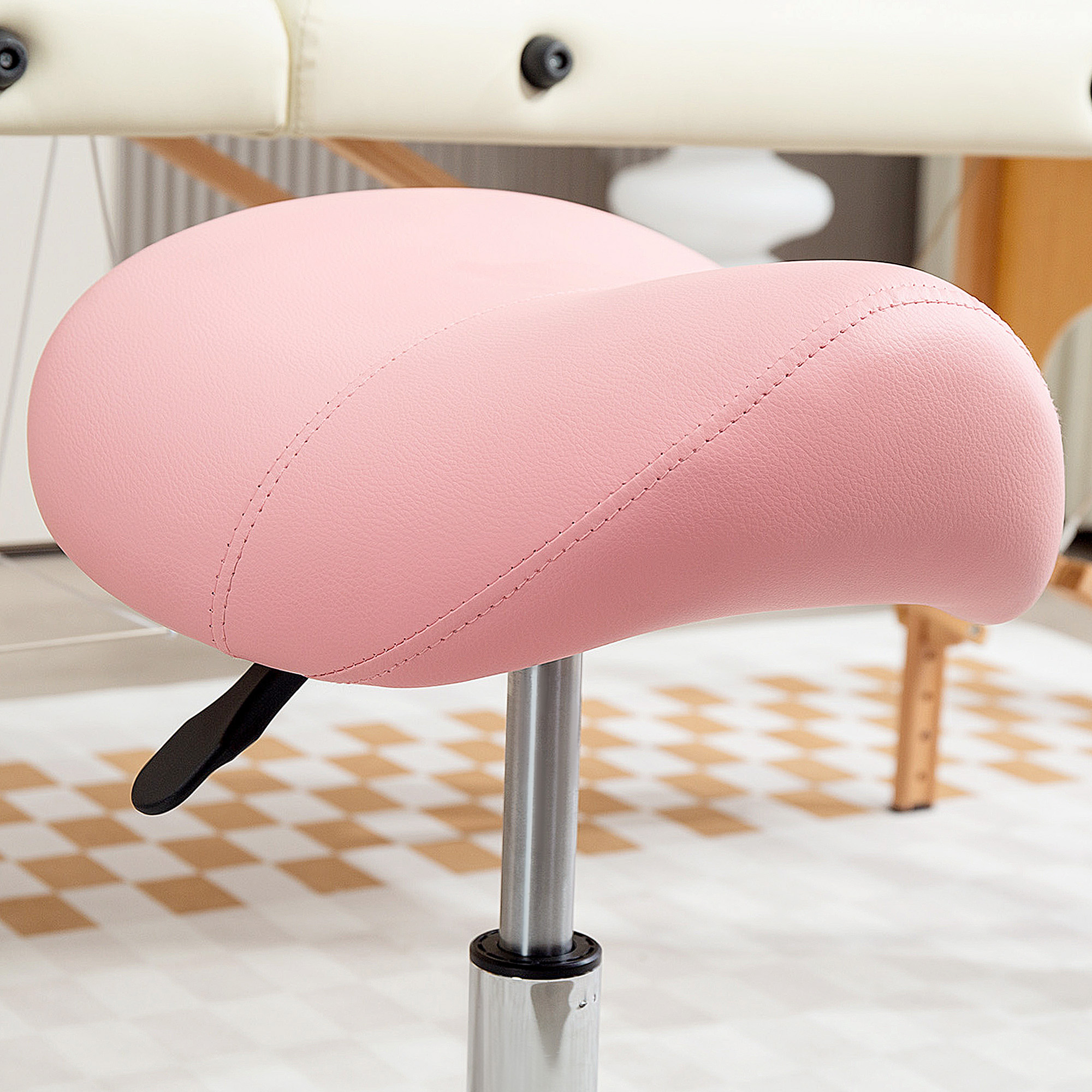HOMCOM Saddle Stool, PU Leather Adjustable Rolling Salon Chair with Steel Frame for Massage, Spa, Beauty and Tattoo, Pink 9