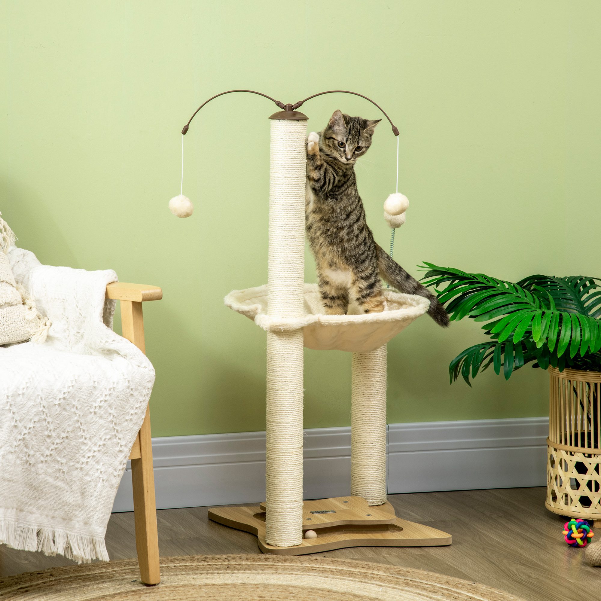 PawHut Cat Tree, with Scratching Posts, Hammock, Toy Ball Beige 2