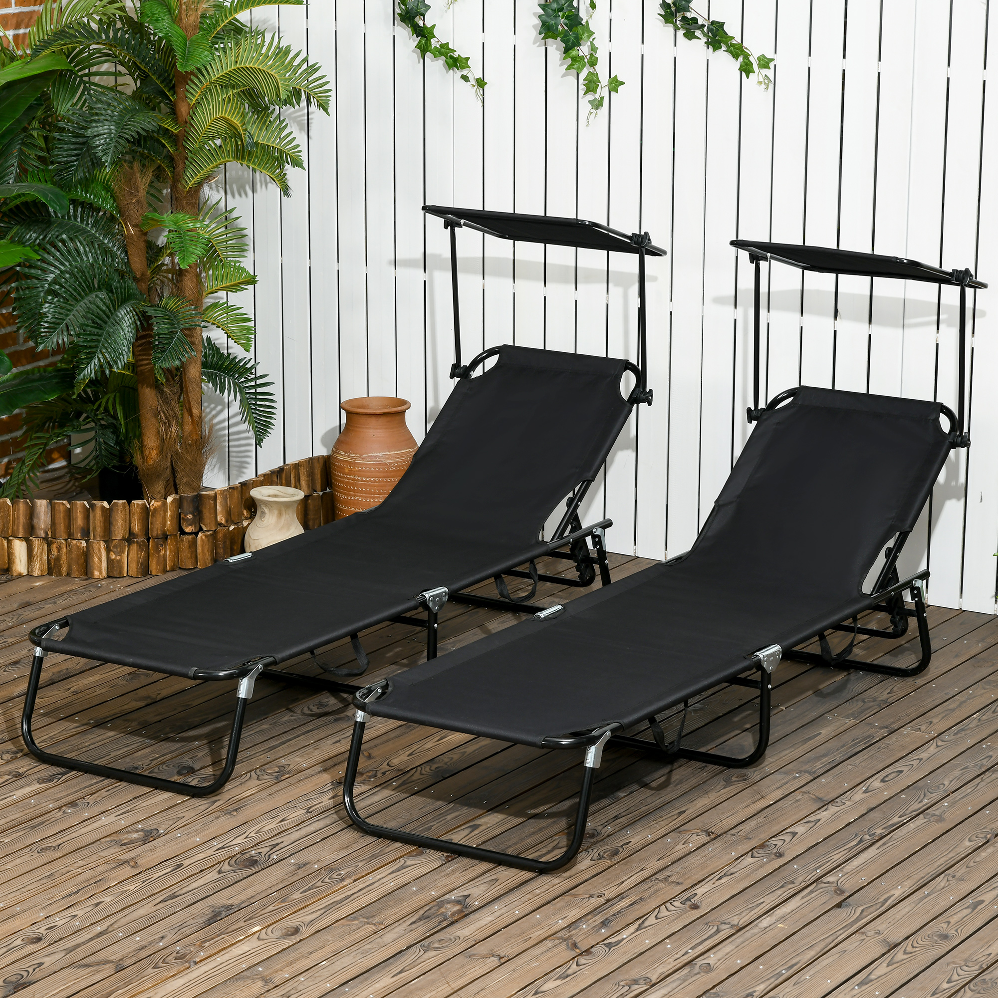 Outsunny Set of Two Folding Sun Loungers, with Adjustable Backs and Sun Canopies Black 2