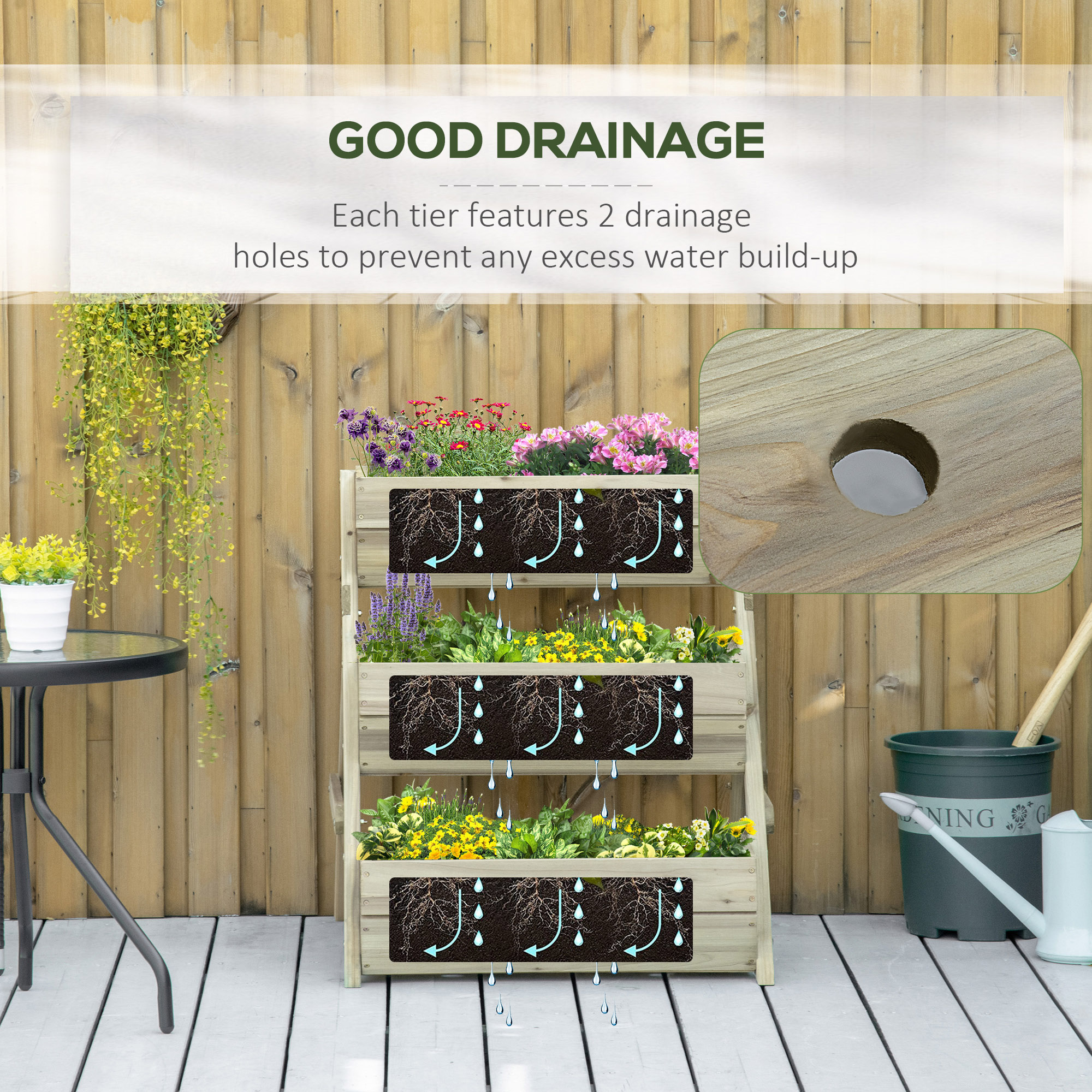 Outsunny 3 Tier Raised Garden Bed Wooden Elevated Planter Box Kit, 66L for Flower, Vegetable, Herb, 65x75x78cm, Green 5