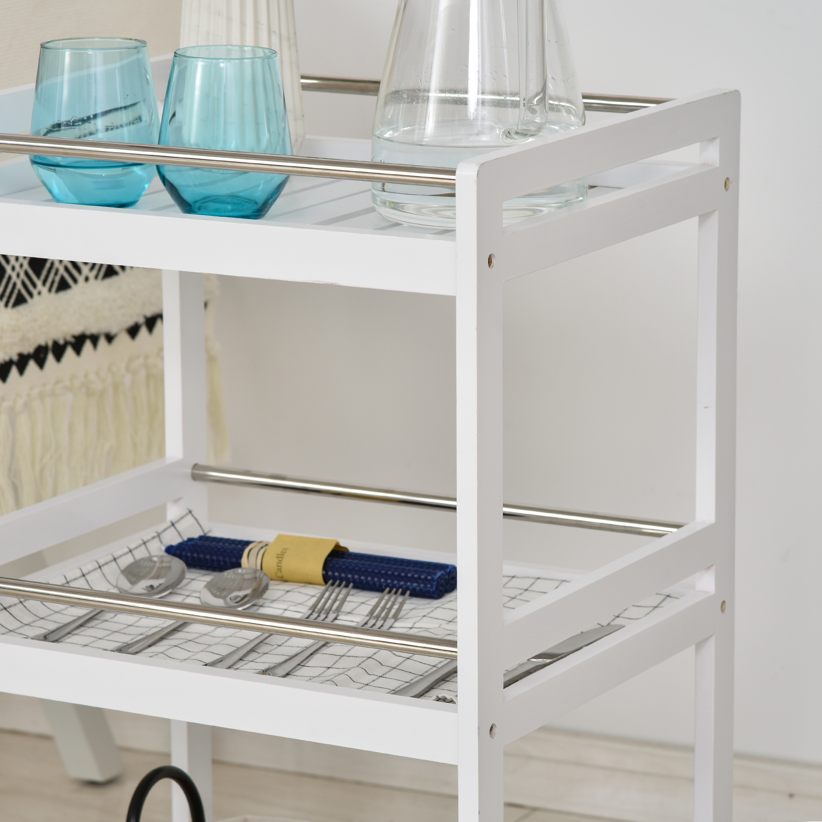 HOMCOM 3-Tier Home Trolley Kitchen Storage Cart w/ Steel Bars 4 Universal Wheels Rolling Unit Organiser Living Room White 9