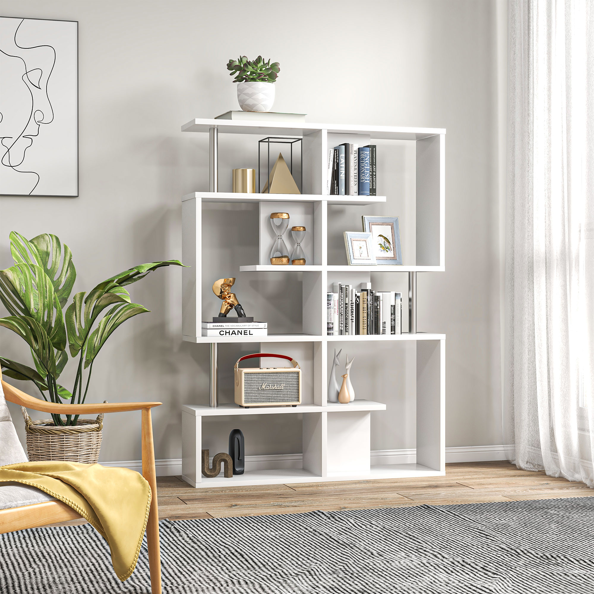 HOMCOM Libreria Scaffale A 5 Ripiani Suddivisi In Bambù A Forma Di S, Libreria Verticale Salvaspazio Slim, Scaffale Portaoggetti Per Soggiorno, Camera Da Letto E Ufficio, 62.5x23x165 Cm, Color Legno - 9