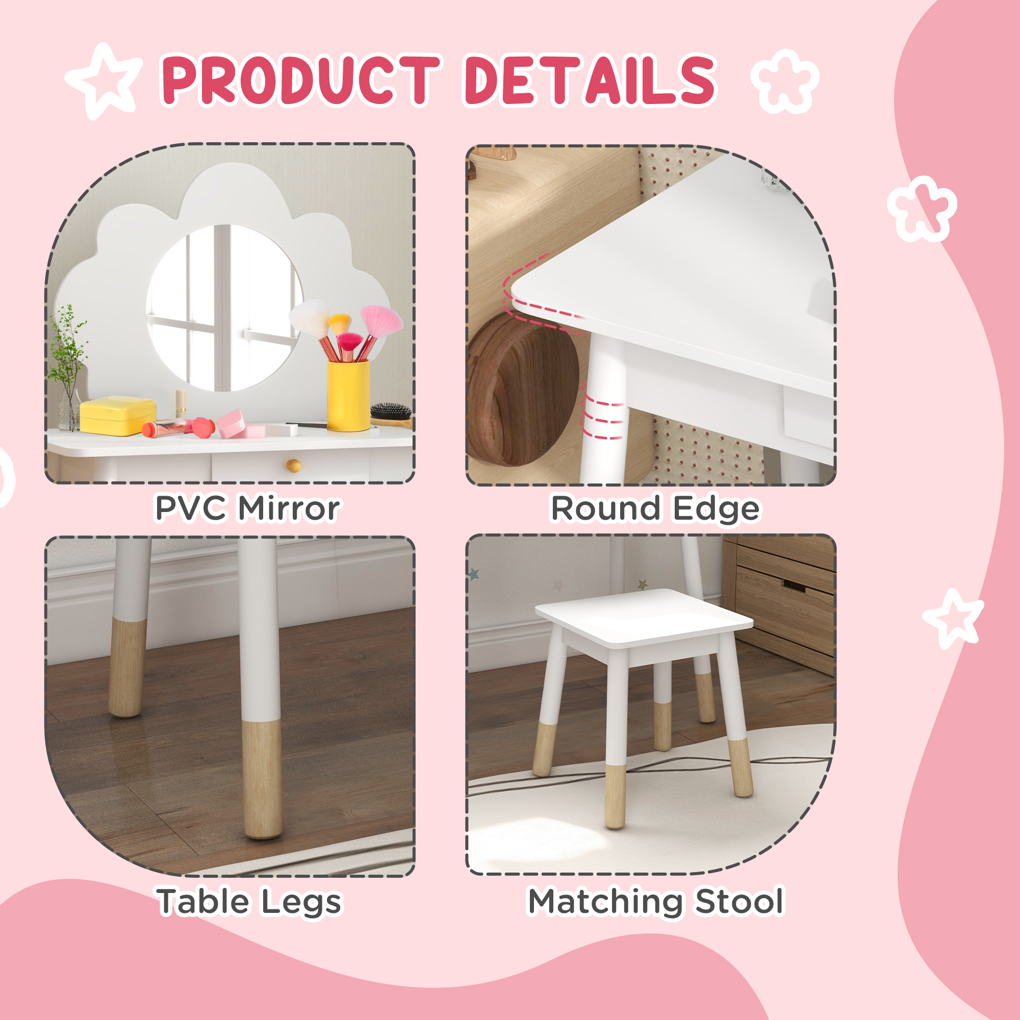 AIYAPLAY Kids Dressing Table with Mirror, Stool, Drawer, Cloud Design, White 6