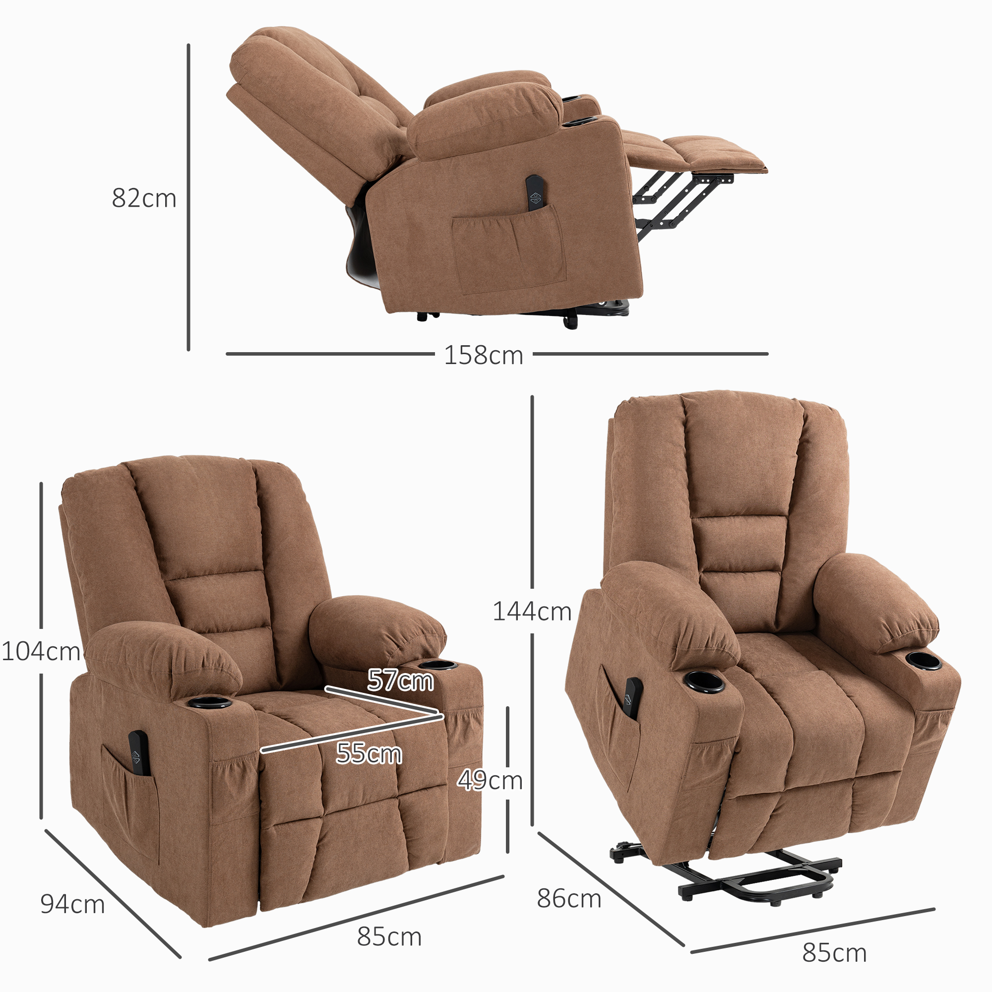 HOMCOM Oversized Riser and Recliner Chairs for the Elderly, Fabric Upholstered Lift Chair for Living Room with Remote Control, Side Pockets, Cup Holder, Brown 3