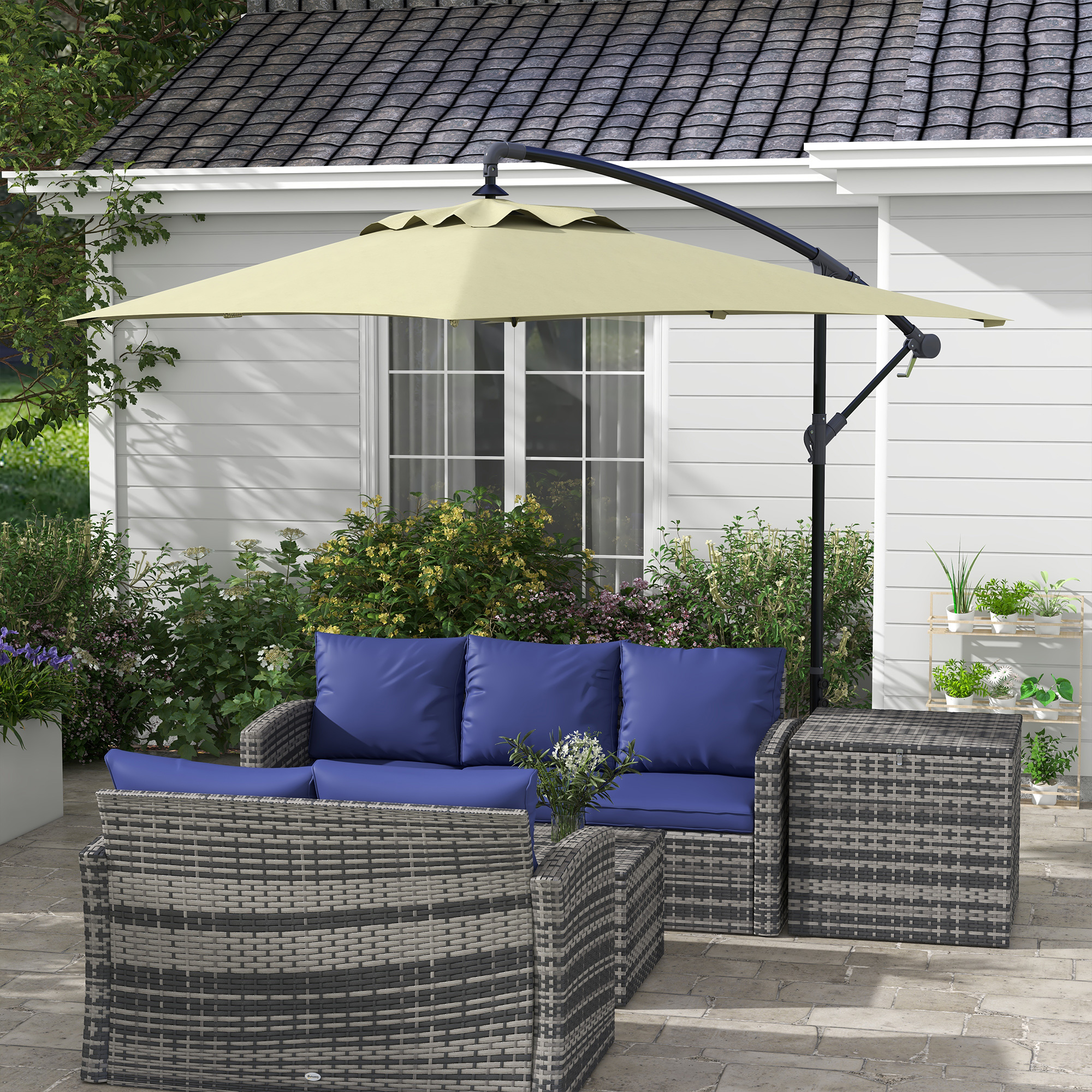 Outsunny 3m Square Canopy Cantilever Parasol, with Cross Base Beige 2