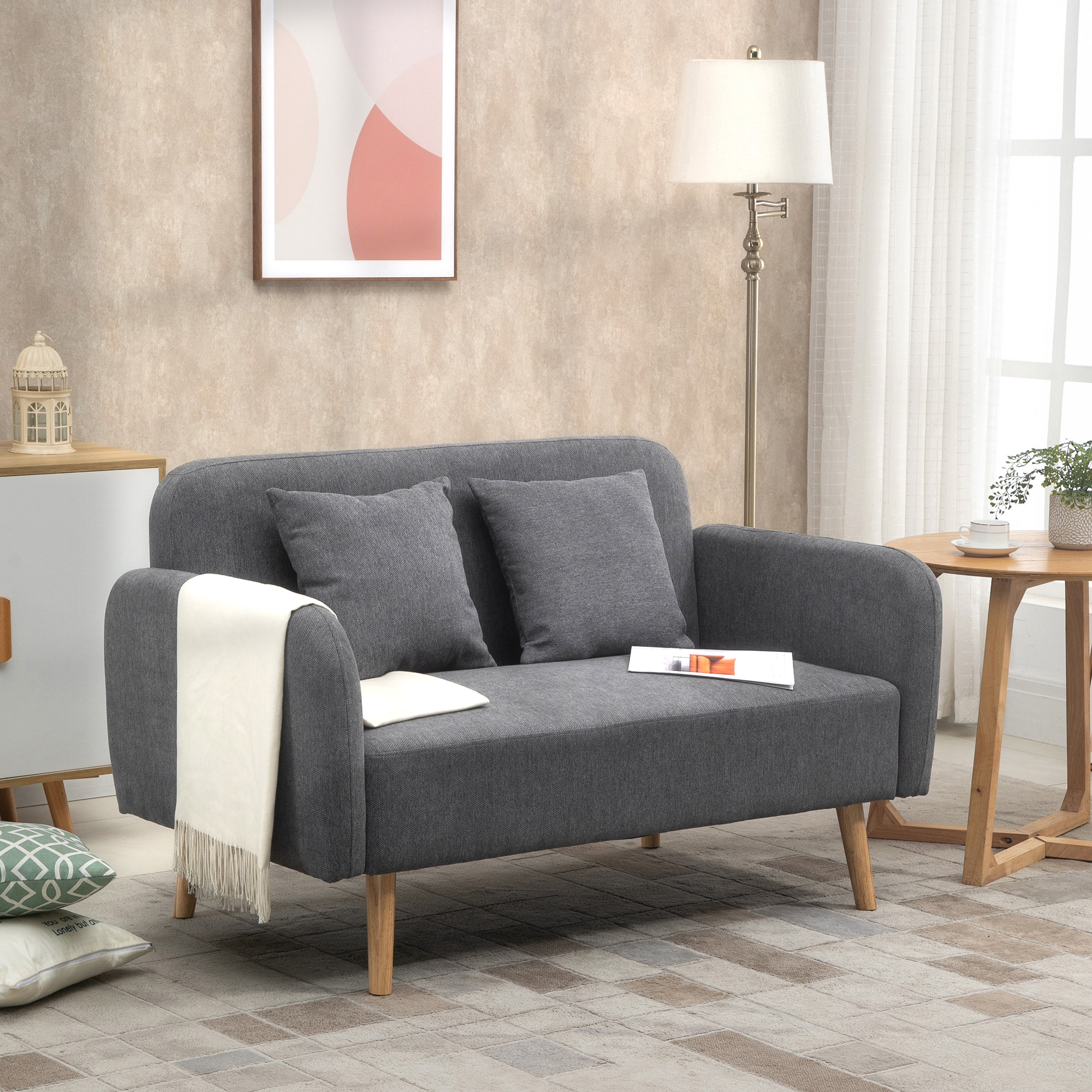 HOMCOM 2 Seater Sofa, Modern Fabric Loveseat Sofa, Small Couch with 2 Pillows, Armrest and Wood Legs for Living Room, Bedroom, Home Office, Grey 2