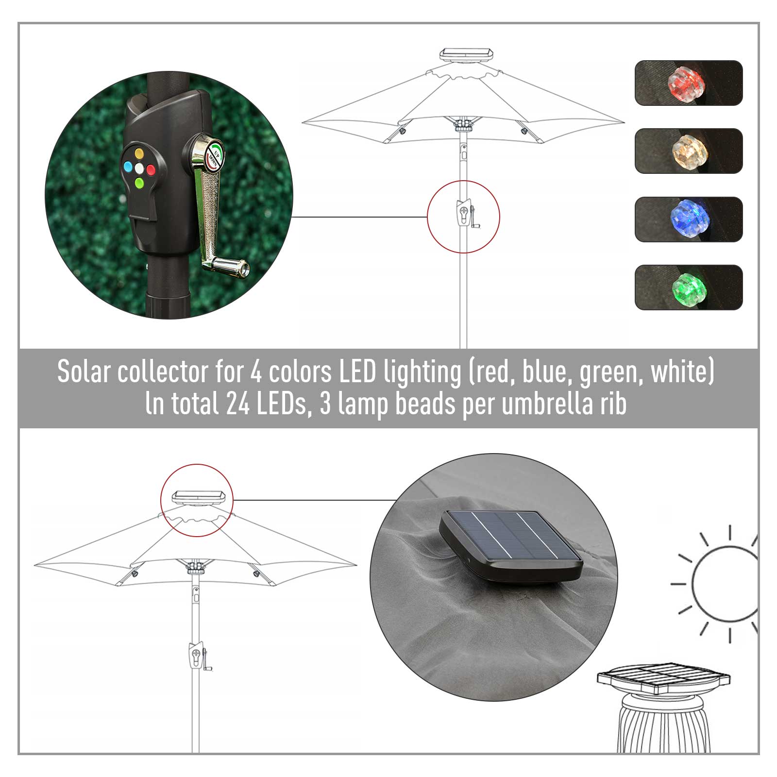 Outsunny Φ2.7m Garden 24 LED Light Parasol Solar Outdoor Tilt Sun Umbrella Patio Club Party Event Manual Sun Shade w/ Hand Crank and 8 Ribs, Grey 4