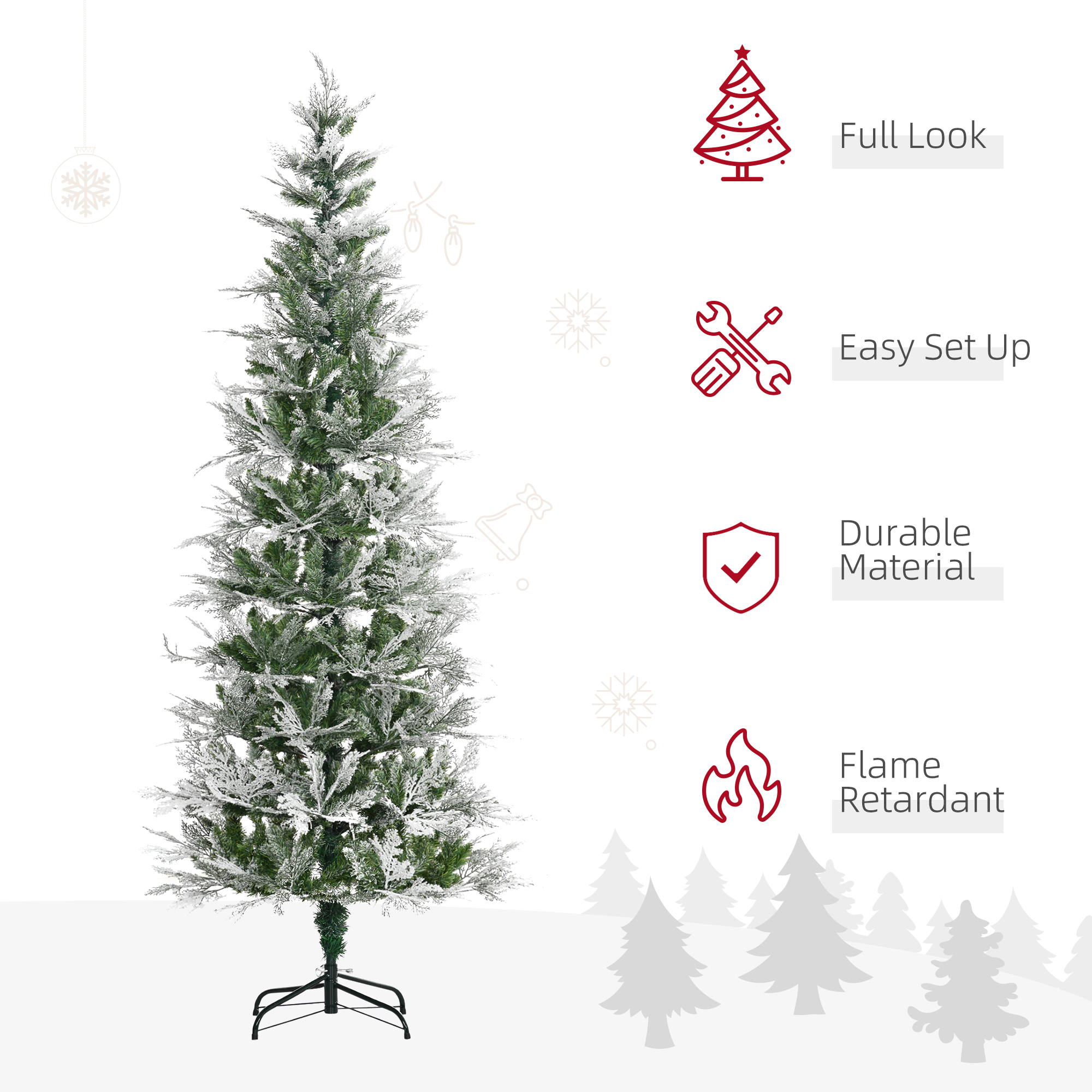 HOMCOM 7 Ft Pencil Snow Flocked Artificial Christmas Tree with Realistic Cypress Branches, Auto Open, Green 4