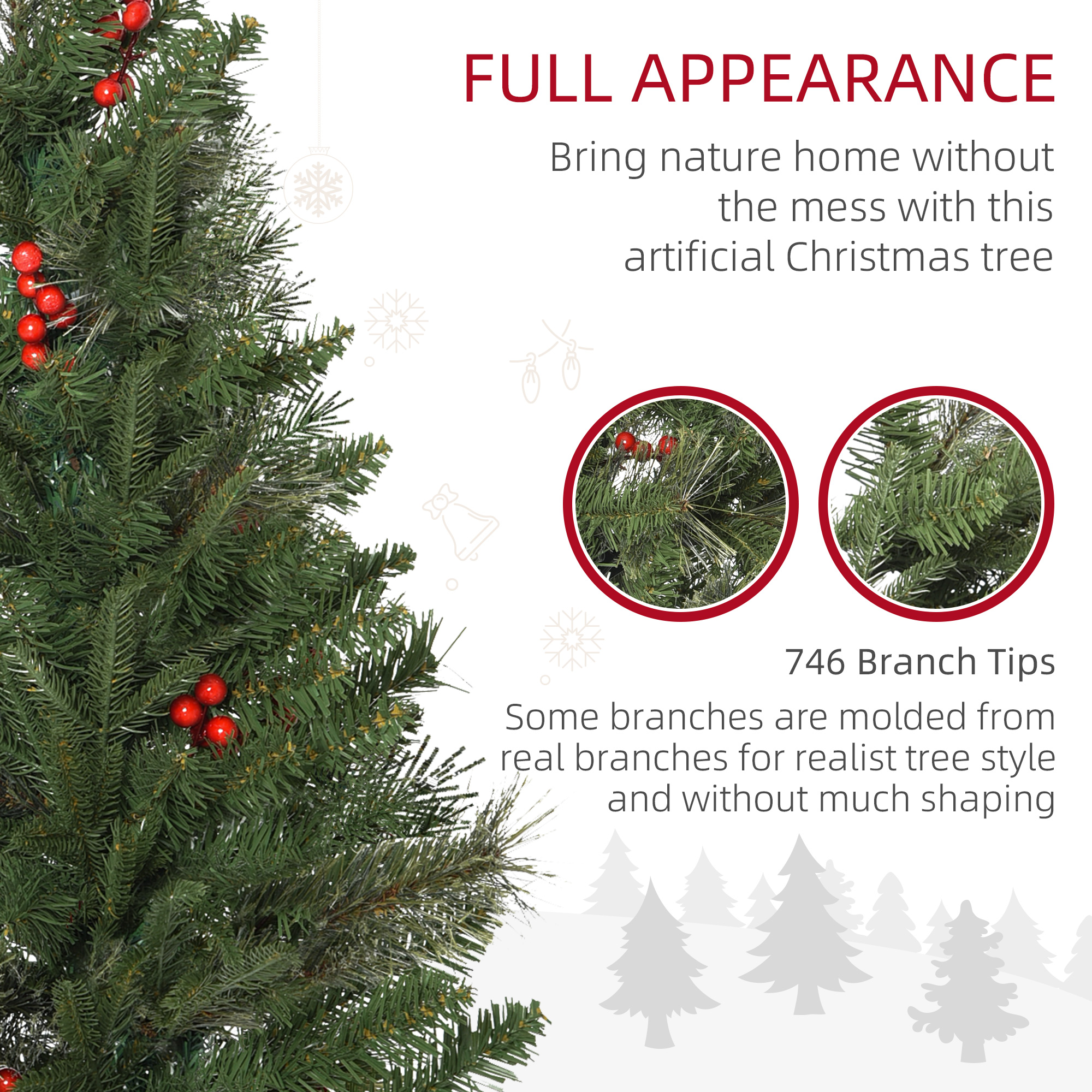 HOMCOM 7ft Pencil Artificial Christmas Tree with Realistic Branches, Red Berries, Auto Open, Green 5
