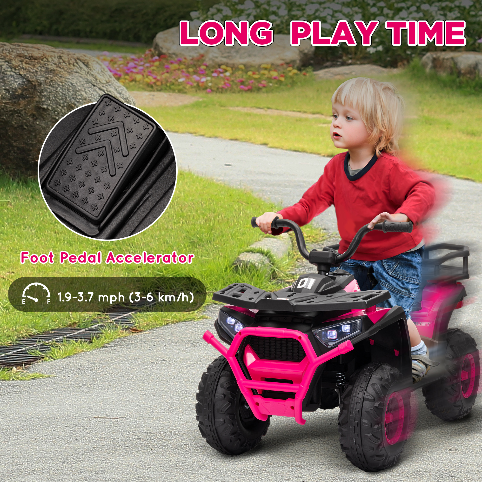 AIYAPLAY 12V Kids Electric Ride on ATV, Battery-Powered Quad Bike w/ Spring Suspension, Forward Backward, Storage Basket, Pink 6