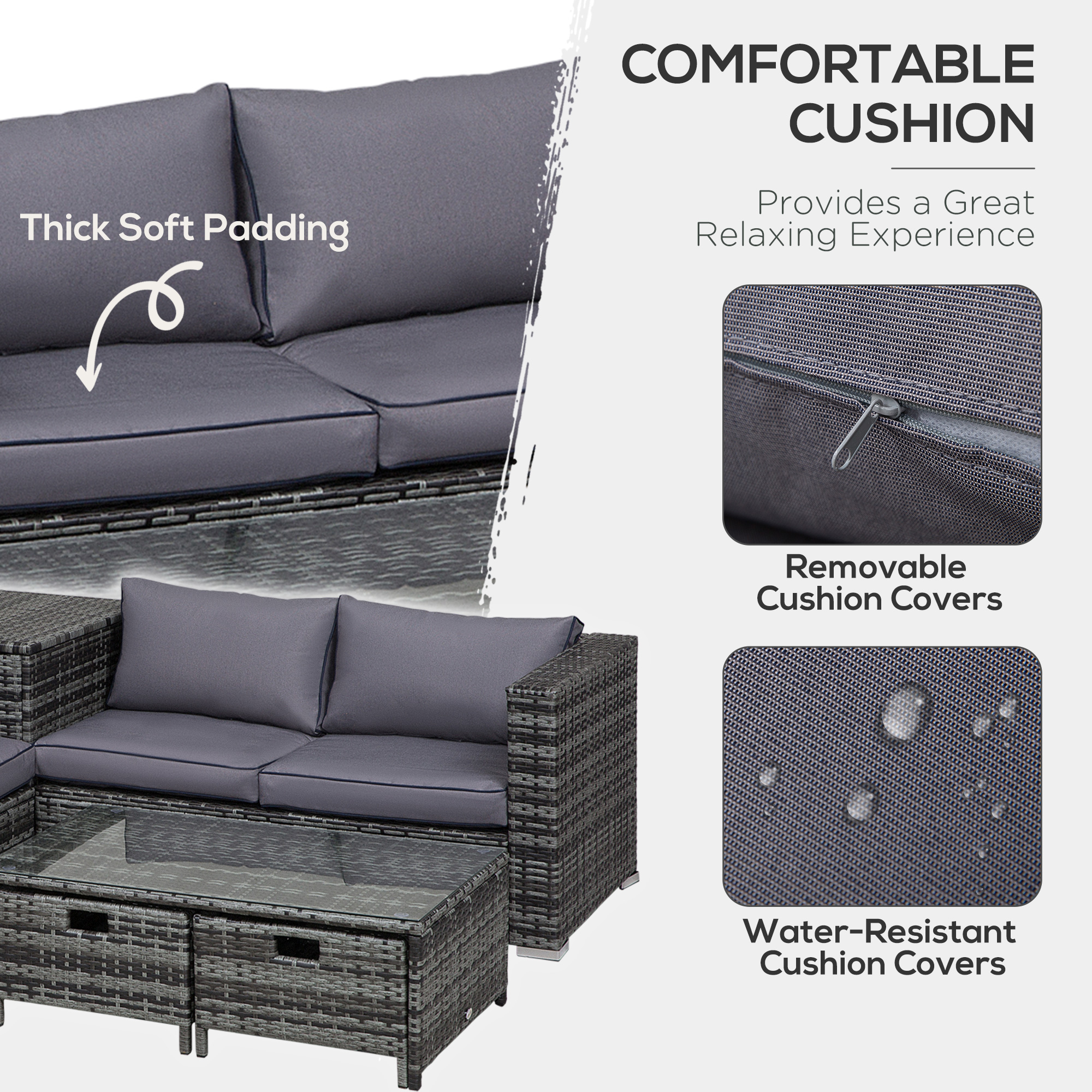Outsunny 4 Pcs Rattan Wicker Garden Furniture Patio Sofa Storage & Table Set w/ 2 Drawers Coffee Table,Great Cushioned 4 Seats Corner Sofa Grey 5