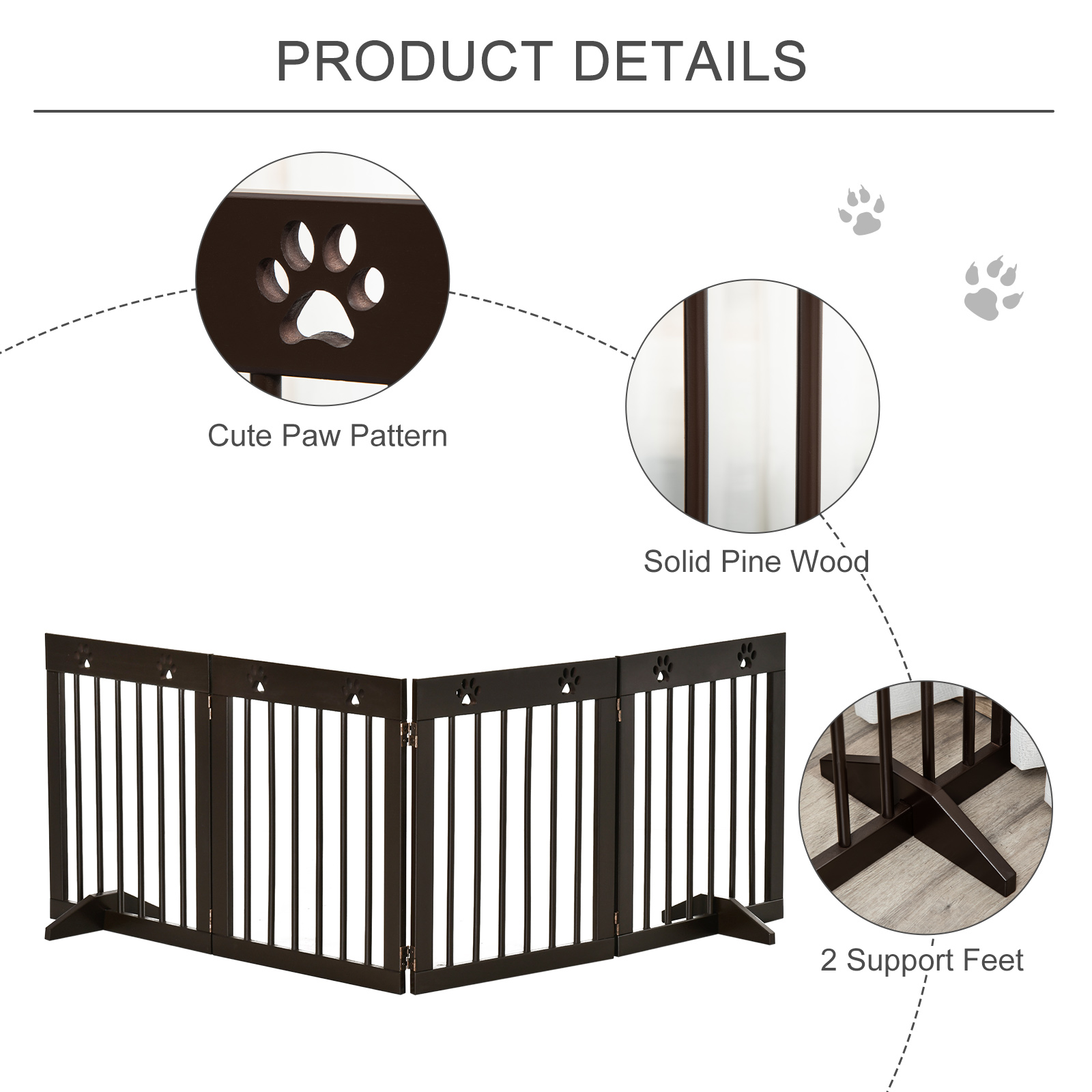 PawHut Freestanding Pet Gate 4 Panel Wooden Dog Barrier Folding Safety Fence with Support Feet up to 204cm Long 61cm Tall for Doorway Stairs Brown 6