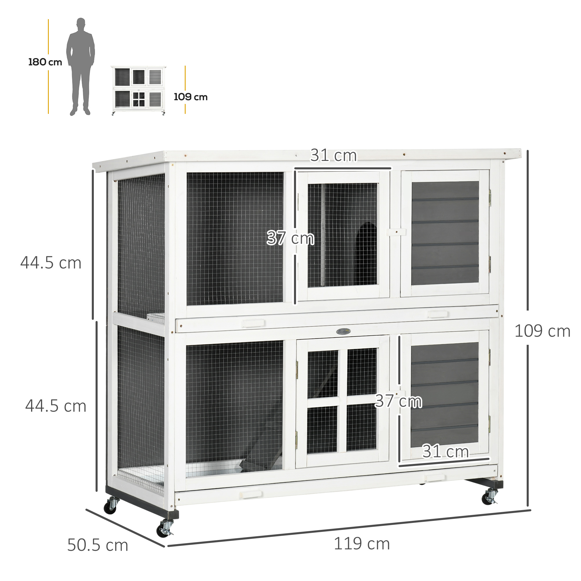 PawHut Wooden Rabbit Hutch, Two-Tier Guinea Pig Cage, with Removable Tray, Wheels 3