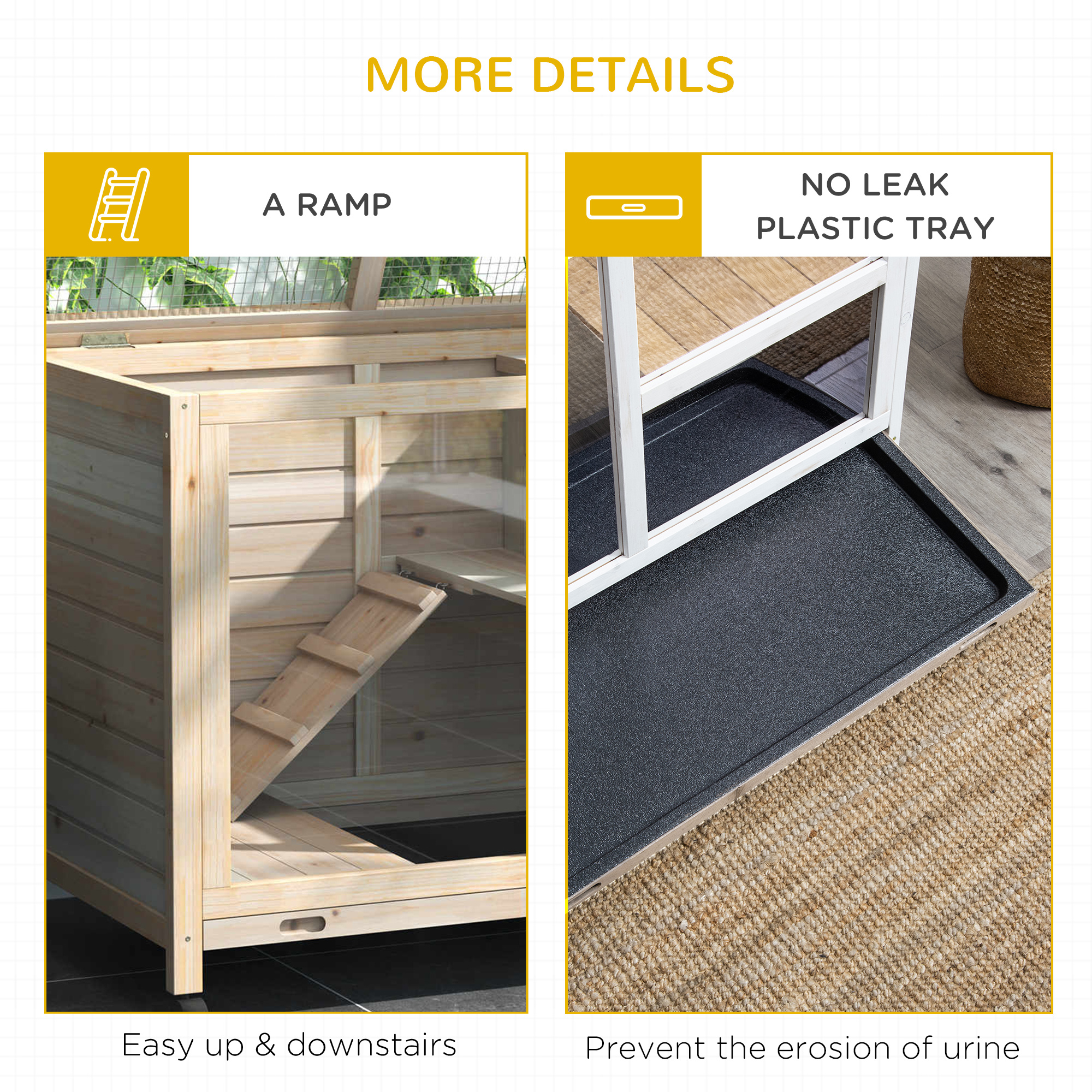 PawHut Rabbit Hutch Indoor Wooden Guinea Pig House Hamster Cage with Wheels, 2 Layers Bunny Cage with Openable Roof, 91.5 x 53.3 x 73 cm, Natural 8