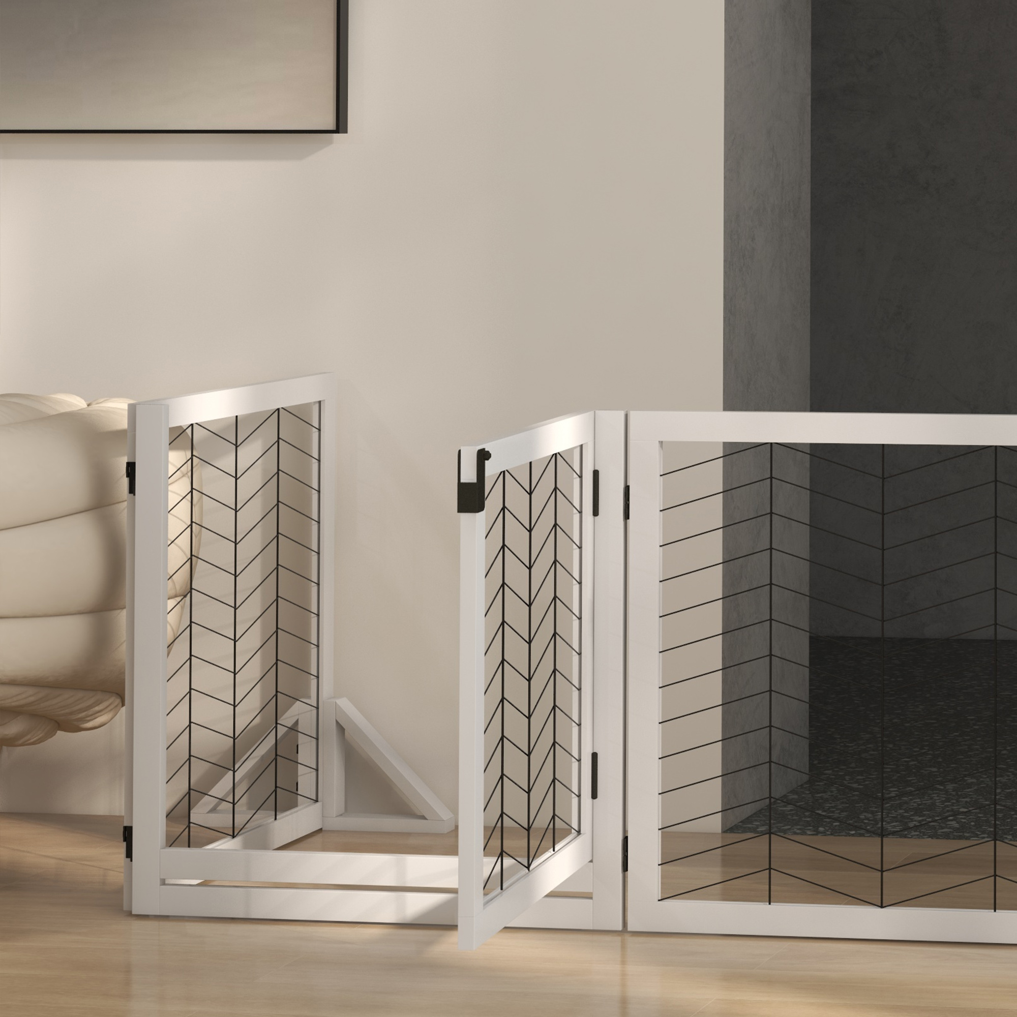 PawHut 8 Panels Foldable Pet Gate with Support Feet, for House, Doorway, Stairs, Small and Medium Dogs White 9