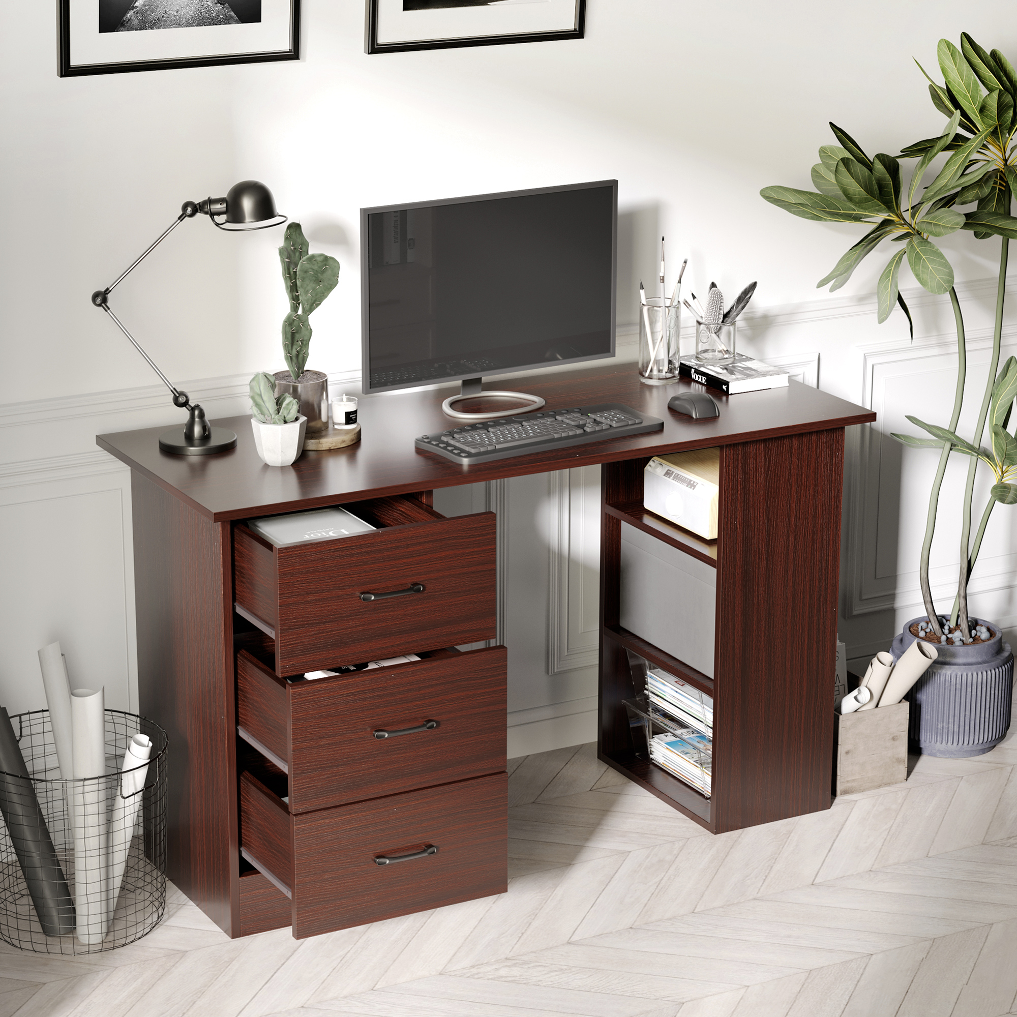 HOMCOM Computer Desk, Writing Table, PC Workstation with 3 Storage Shelves and Drawers, Black Handle, for Home Office, Walnut Brown 7
