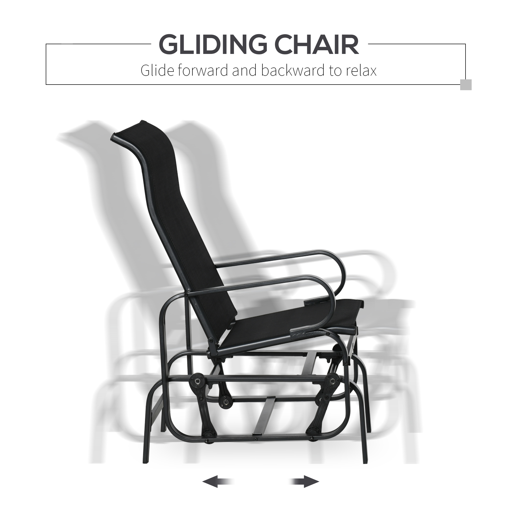 Outsunny 3 Pieces Garden Gliding Chair Set, Metal Frame 2 Single Armchair Swing Seater and 1 Glass Top Coffee Table w/ Breath Mesh Fabric Seat, Black 4