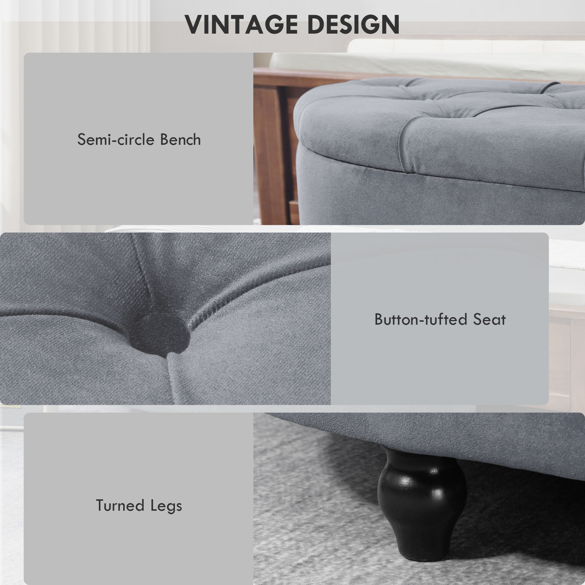 HOMCOM Semi-Circle Bed End Bench Ottoman with Storage Tufted