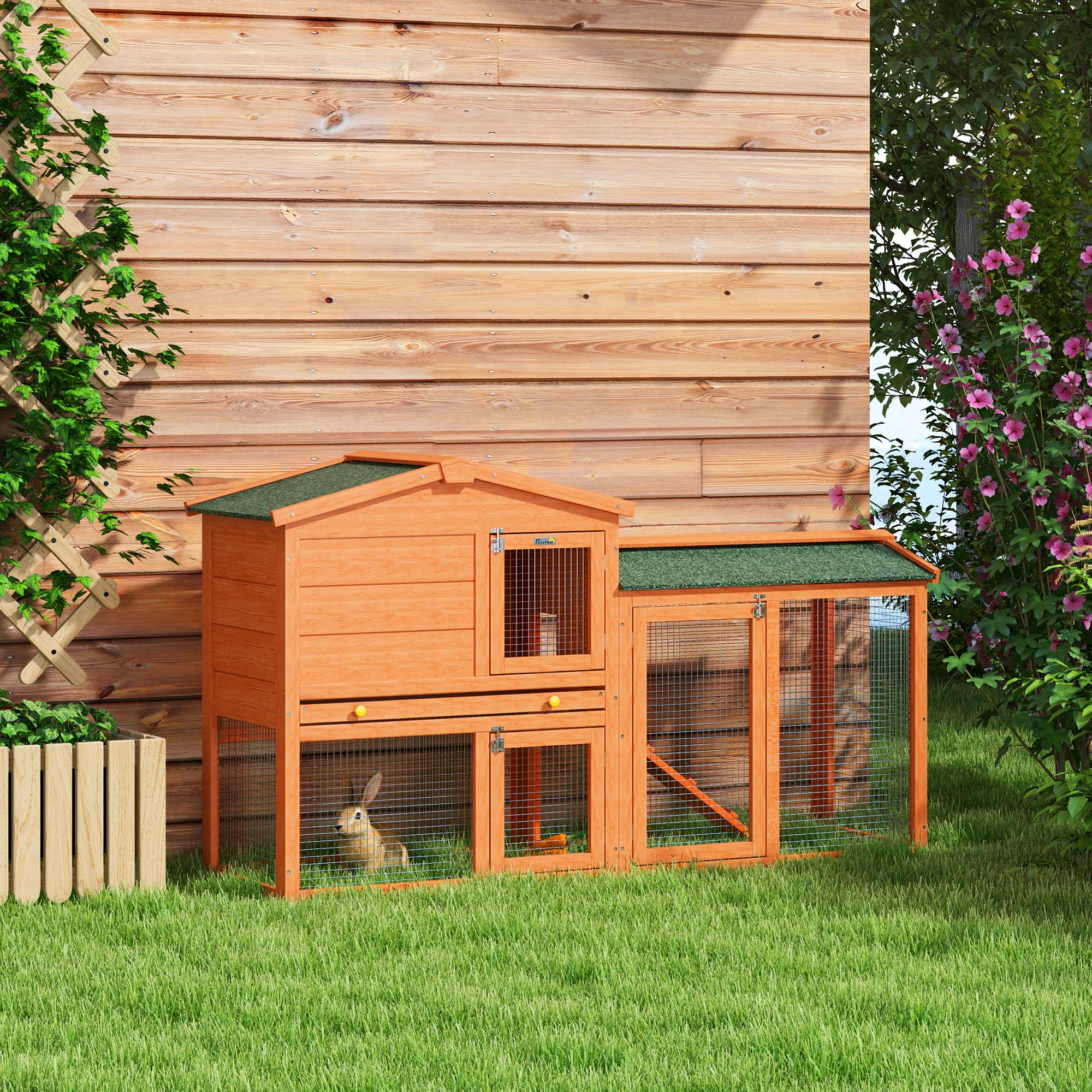 PawHut Two-Tier Rabbit Hutch with Run, Ramp, Slide-Out Tray, for Garden Orange 2