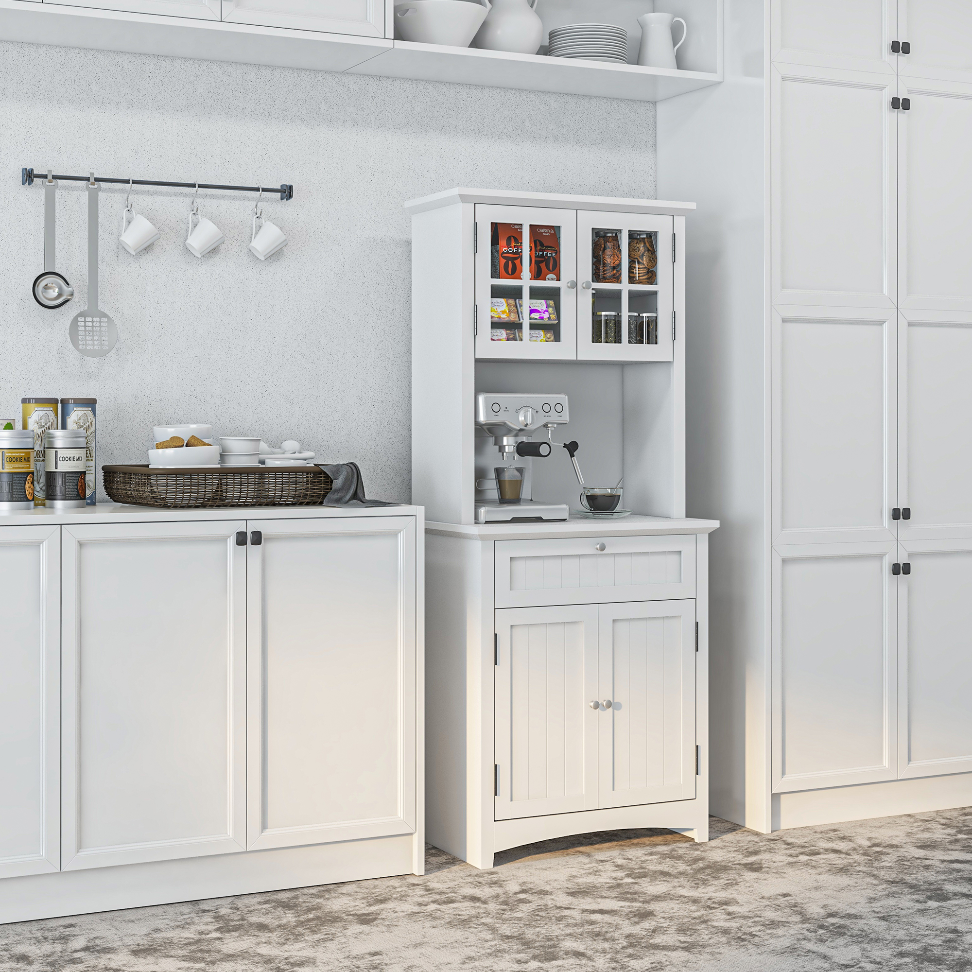 HOMCOM Kitchen Cupboard, Wooden Storage Cabinet with Framed Glass Door, Drawer, Microwave Space for Dining and Living Room, White 2