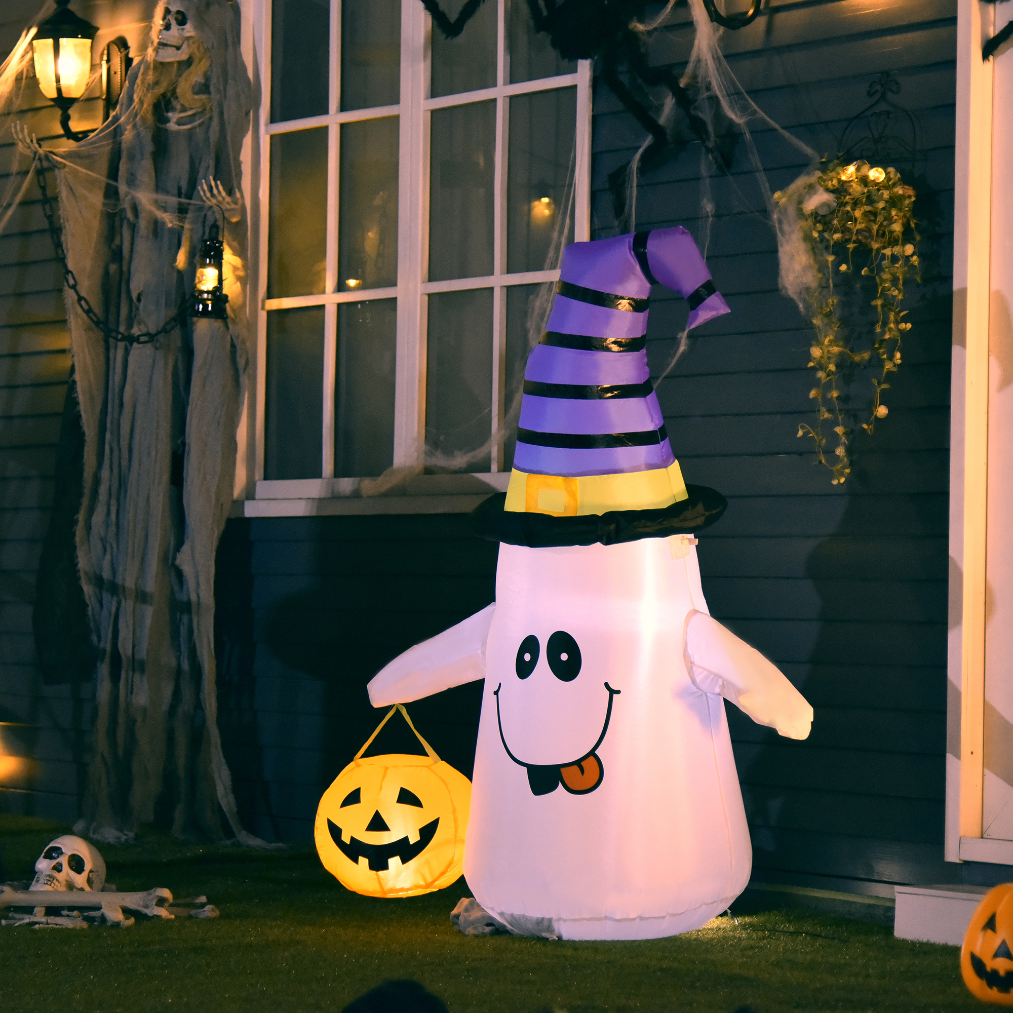HOMCOM 1.2m Witch Ghost Halloween Inflatable Decoration w/ LED Lights Fan Accessories Pumpkin Lantern Kids Adult Fun Weather-Resistant Indoor Outdoor Seasonal 2