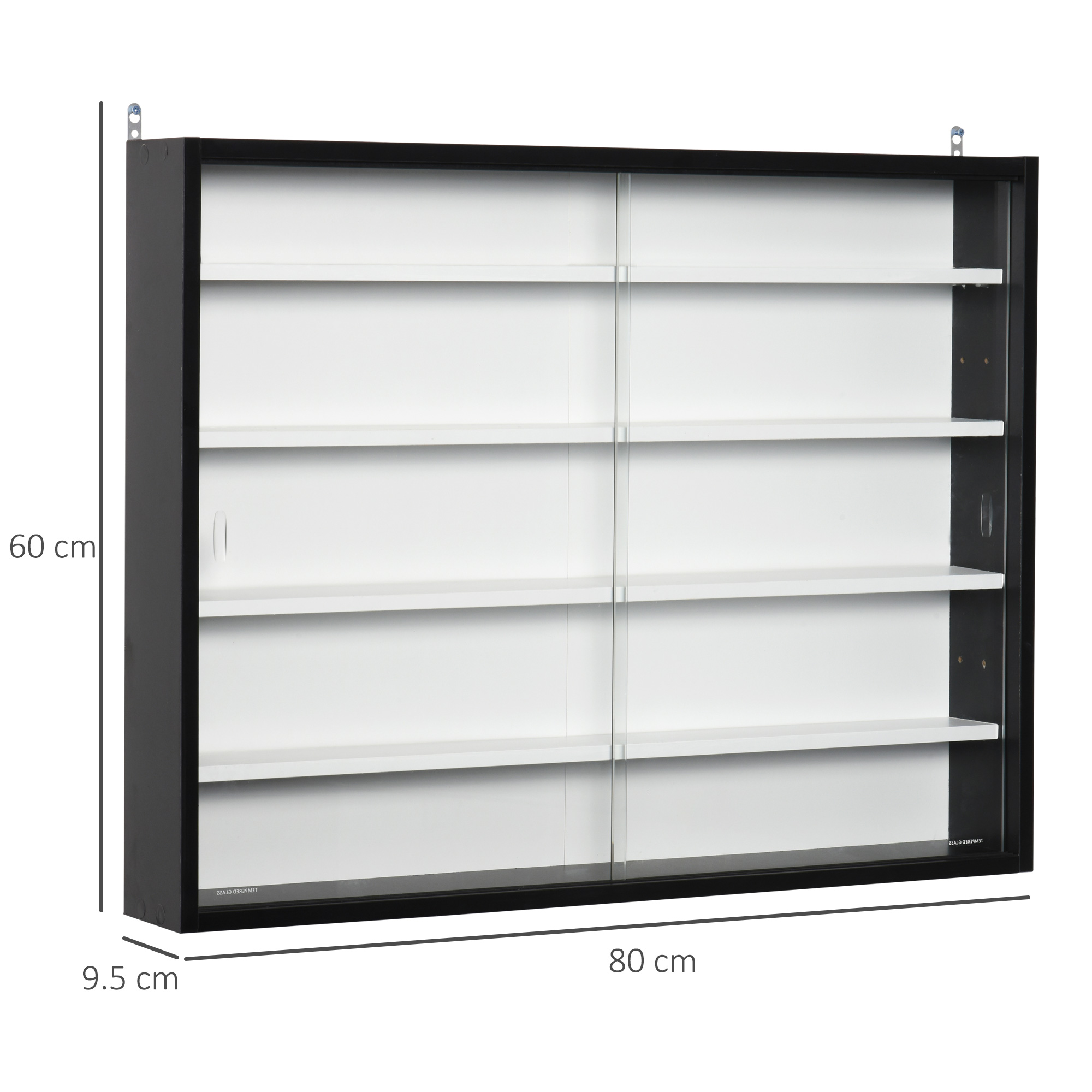 HOMCOM 5-Tier Wall Display Shelf Unit Cabinet w/ 4 Adjustable Shelves Glass Doors Home Office Ornaments 60x80cm Black/White 3