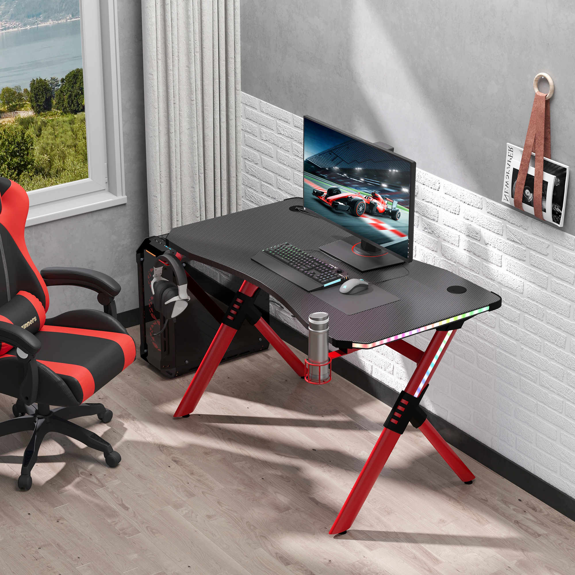 HOMCOM Gaming Desk with RGB LED Lights Racing Style Gaming Table with ...
