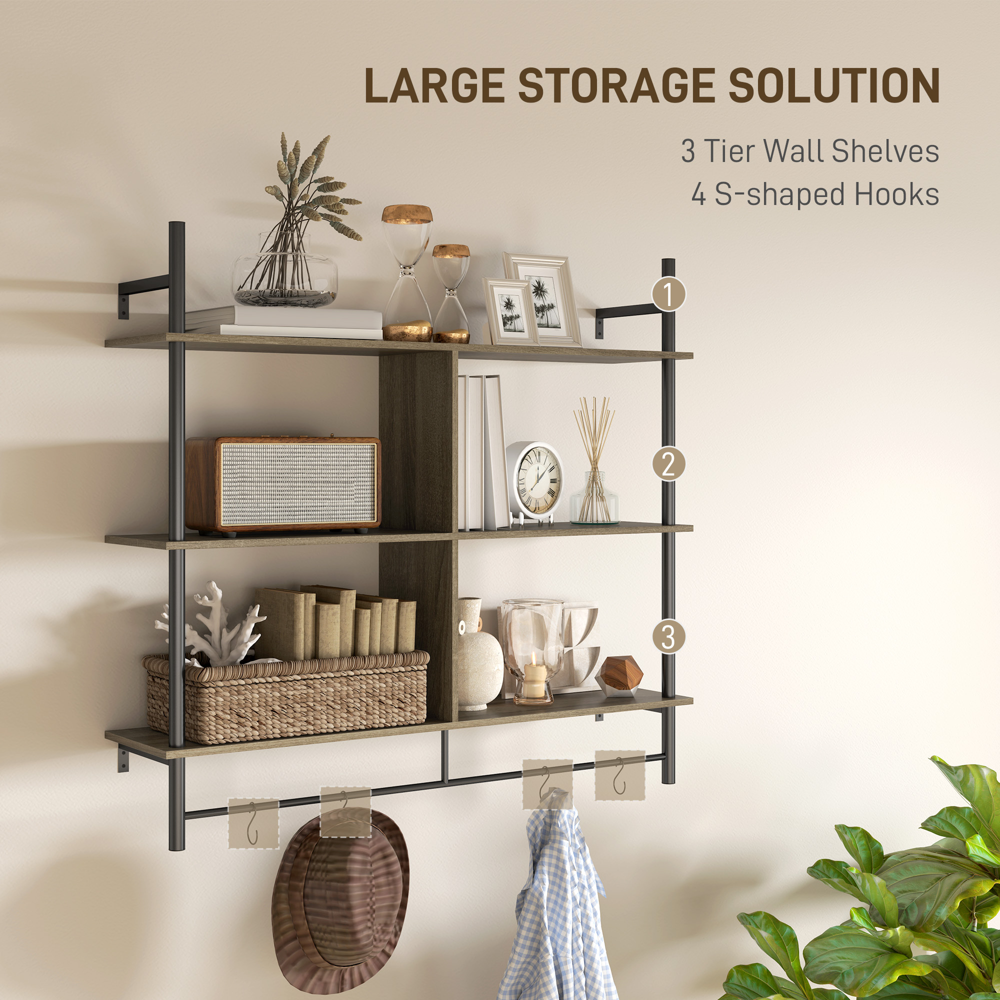 HOMCOM Three-Tier Floating Shelf Grey Wood Effect 4
