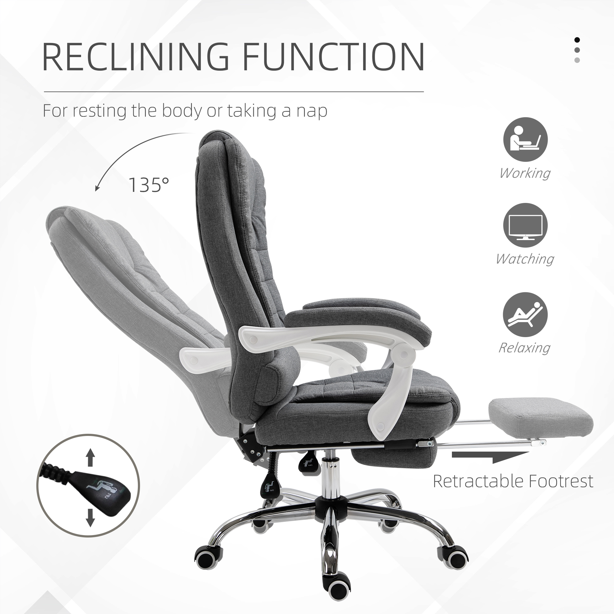 Vinsetto Office Chair, Computer Desk Chair, Linen Fabric Swivel Rolling Task Chair with Large Soft Padded Cushion, 135° Reclining Backrest and Retractable Footrest, Grey 5
