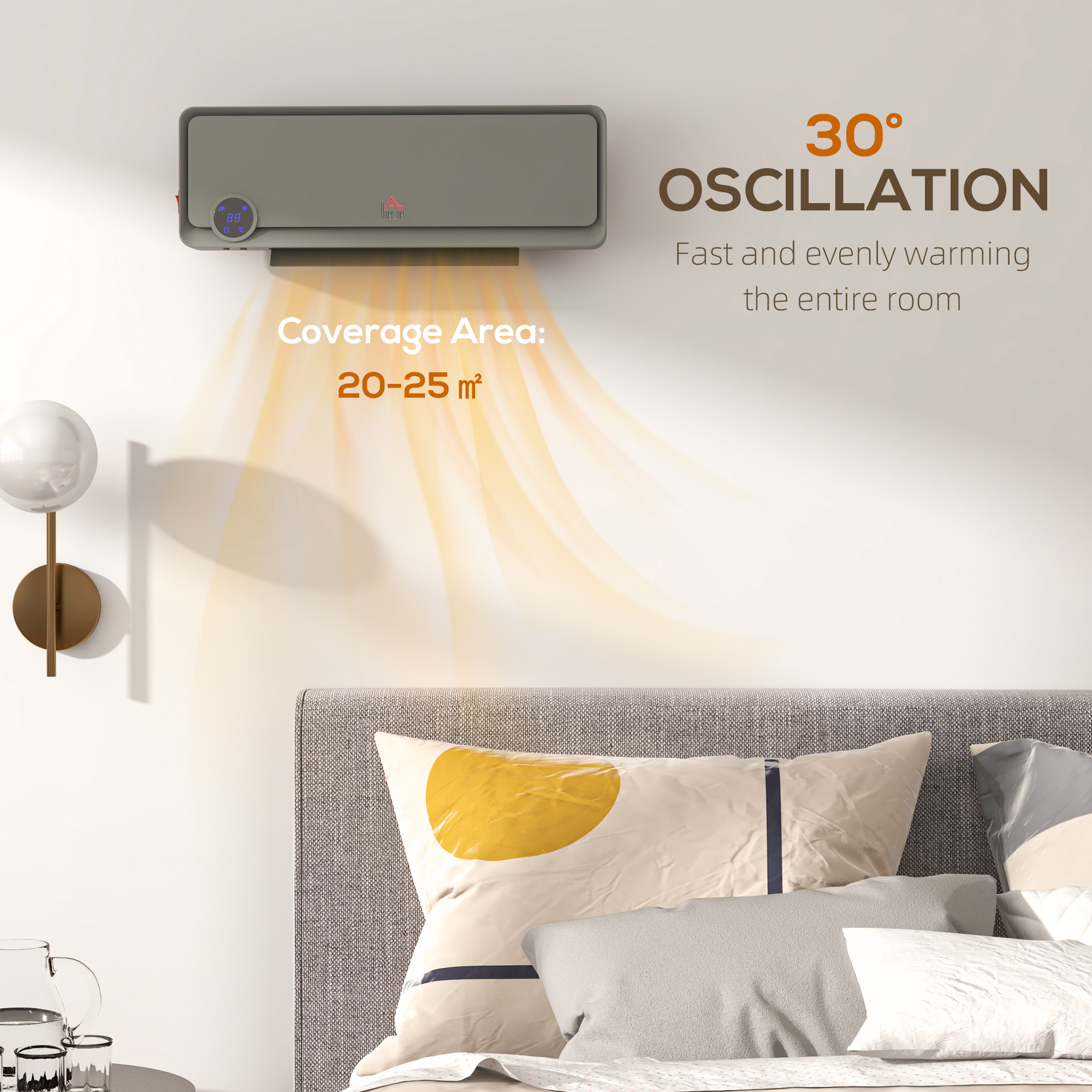 HOMCOM Wall Downflow Heater 2 Heat and Fan 1000W/2000W, Electric Space Heater with Timer Remote Oscillating, for Bedroom Home Office, Grey 8