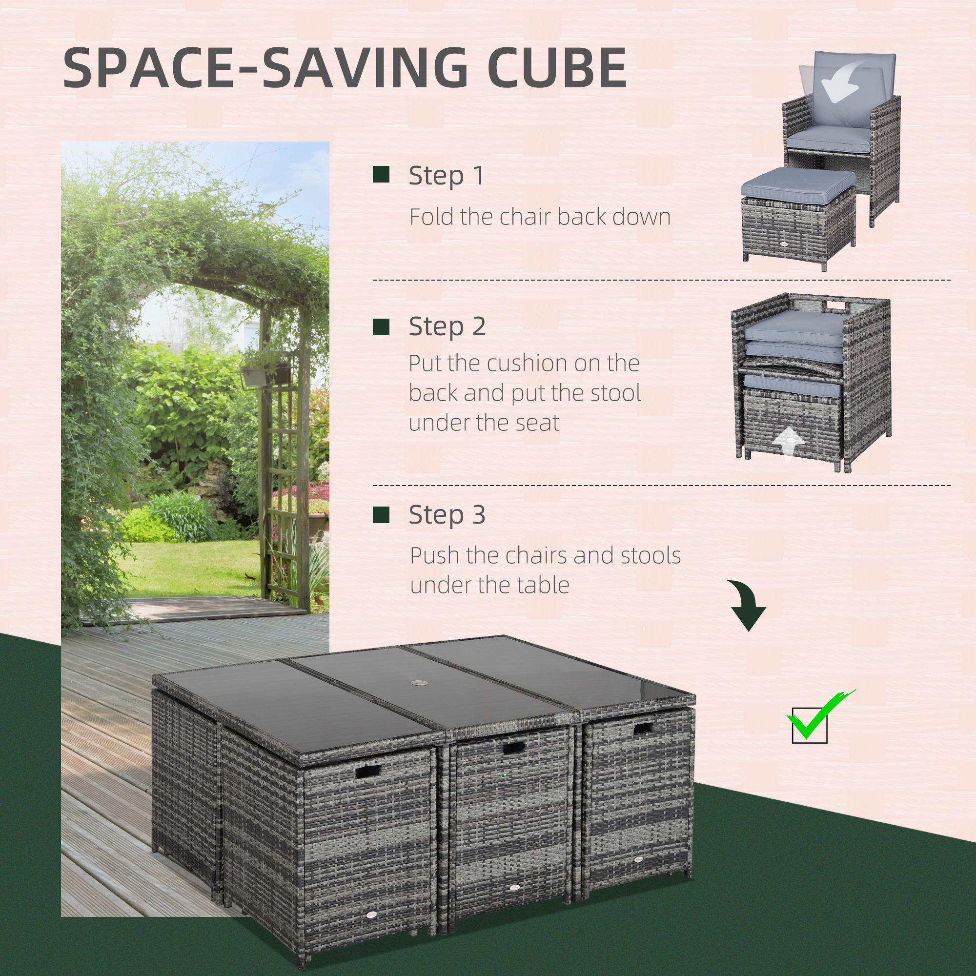 Outsunny 10 Seater Rattan Cube Garden Furniture Set with Parasol Hole, Rattan Dining Set with Cushions, Outdoor Dining Table and Chairs with Rectangular Glass Top Table for Patio, Mixed Grey 4