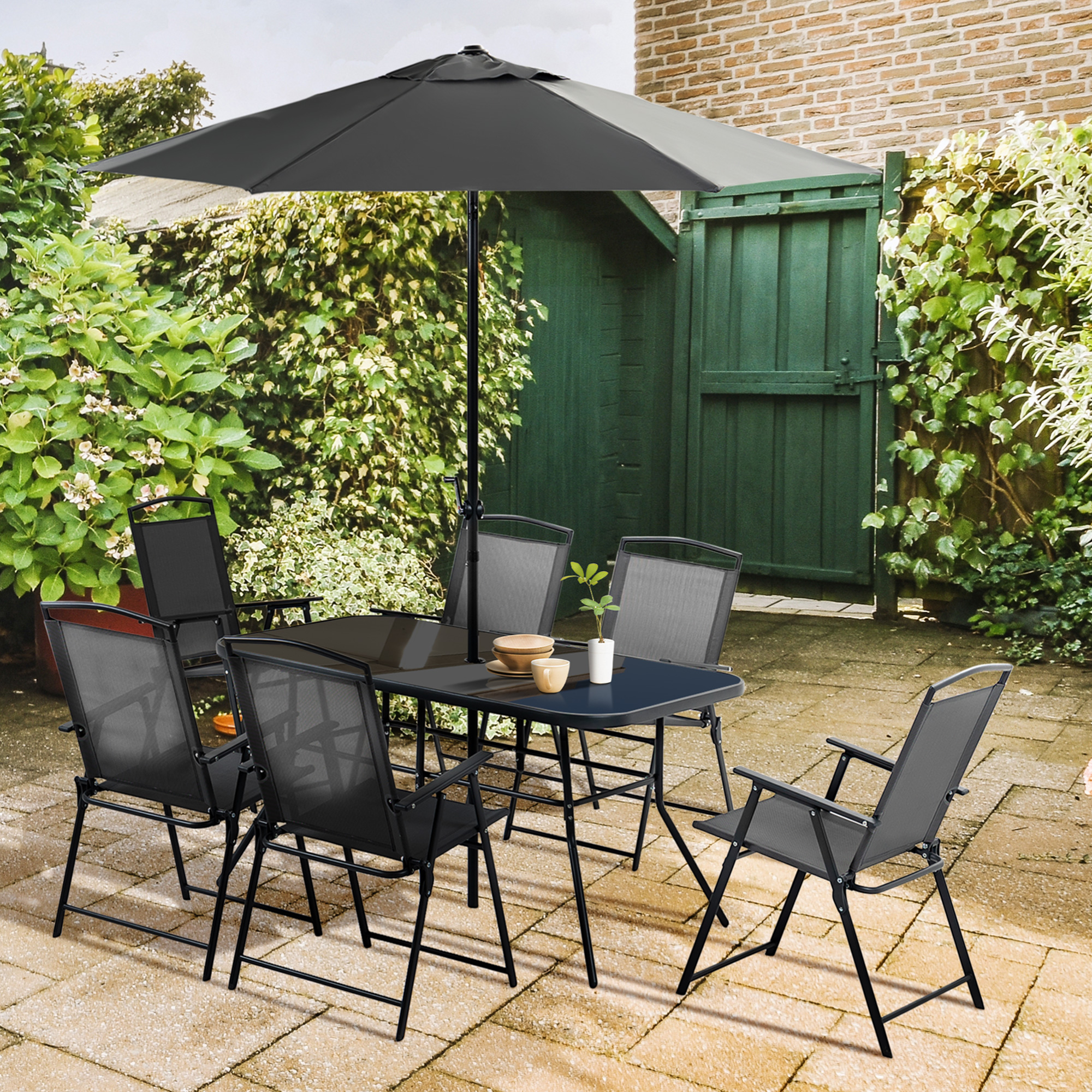 Outsunny Eight-Piece Garden Dining Set, with Chairs, Table and Parasol Black 2