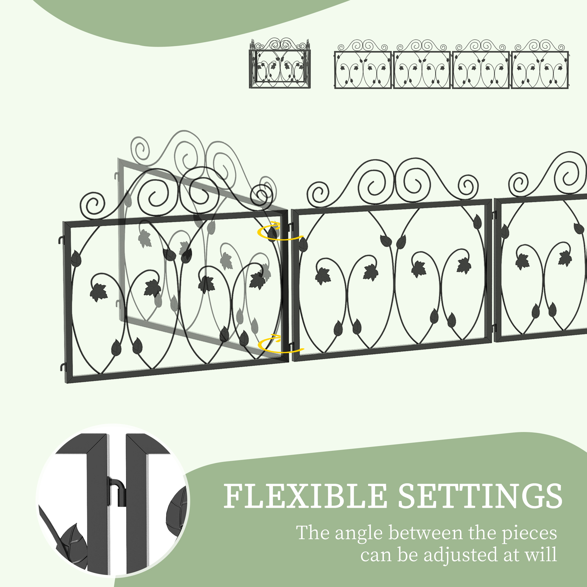 Outsunny Set of Four 57cm Leaf Scroll Metal Fence Panels Black 5