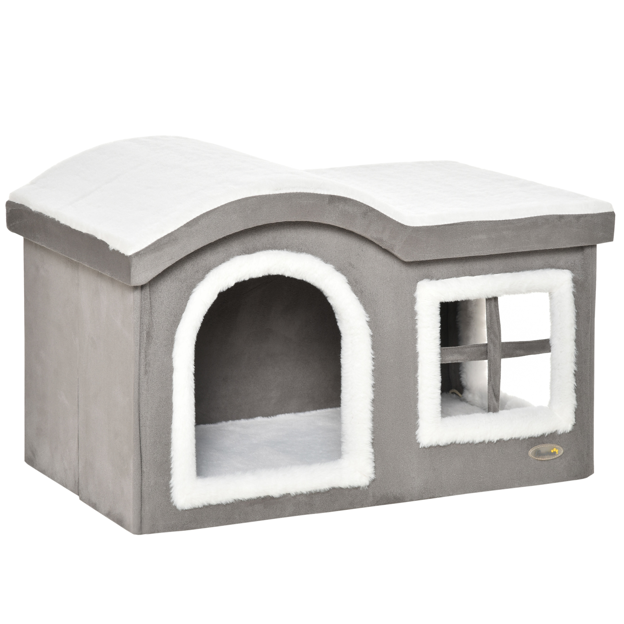 Pawhut Casetta per Gatti da Interno con 2 Entrate, Finestra e Base Antiscivolo, 63.5x37x40 cm, Grigio