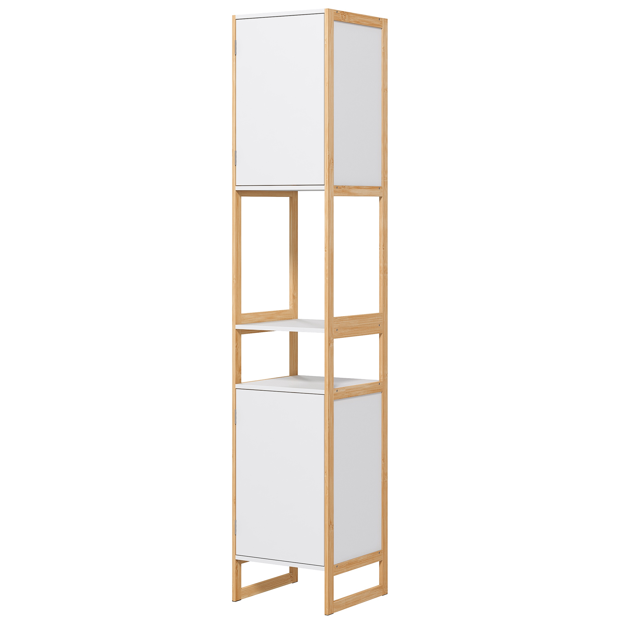 HOMCOM Meuble colonne de salle de bain avec 2 niches et 2 placards étagère réglable, bambou et MDF 33L x 33l x 170H cm blanc