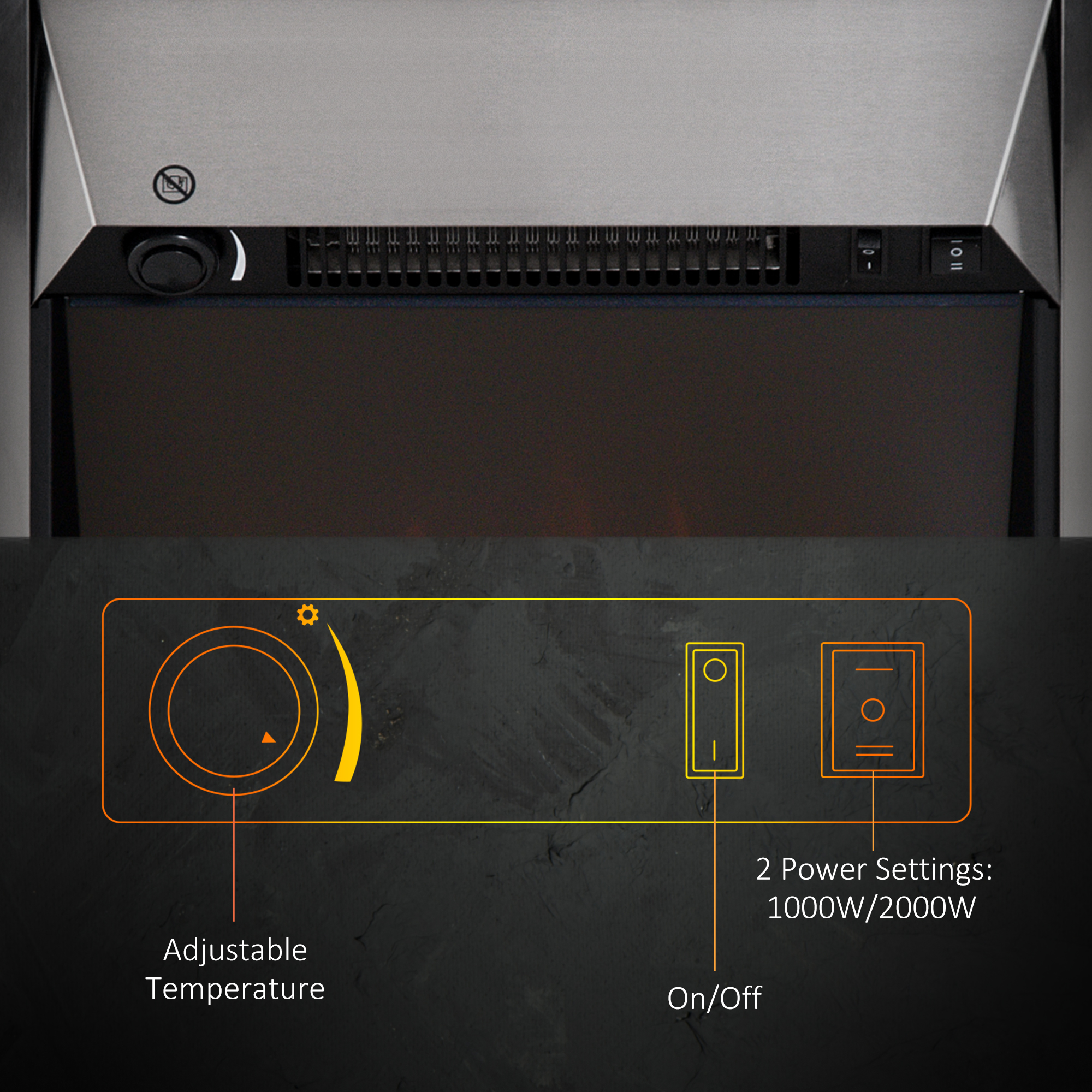HOMCOM 2KW Stainless Steel Electric Fireplace Pebble Burning Effect Heater Fire Flame Indoor Stove LED Lighting 5