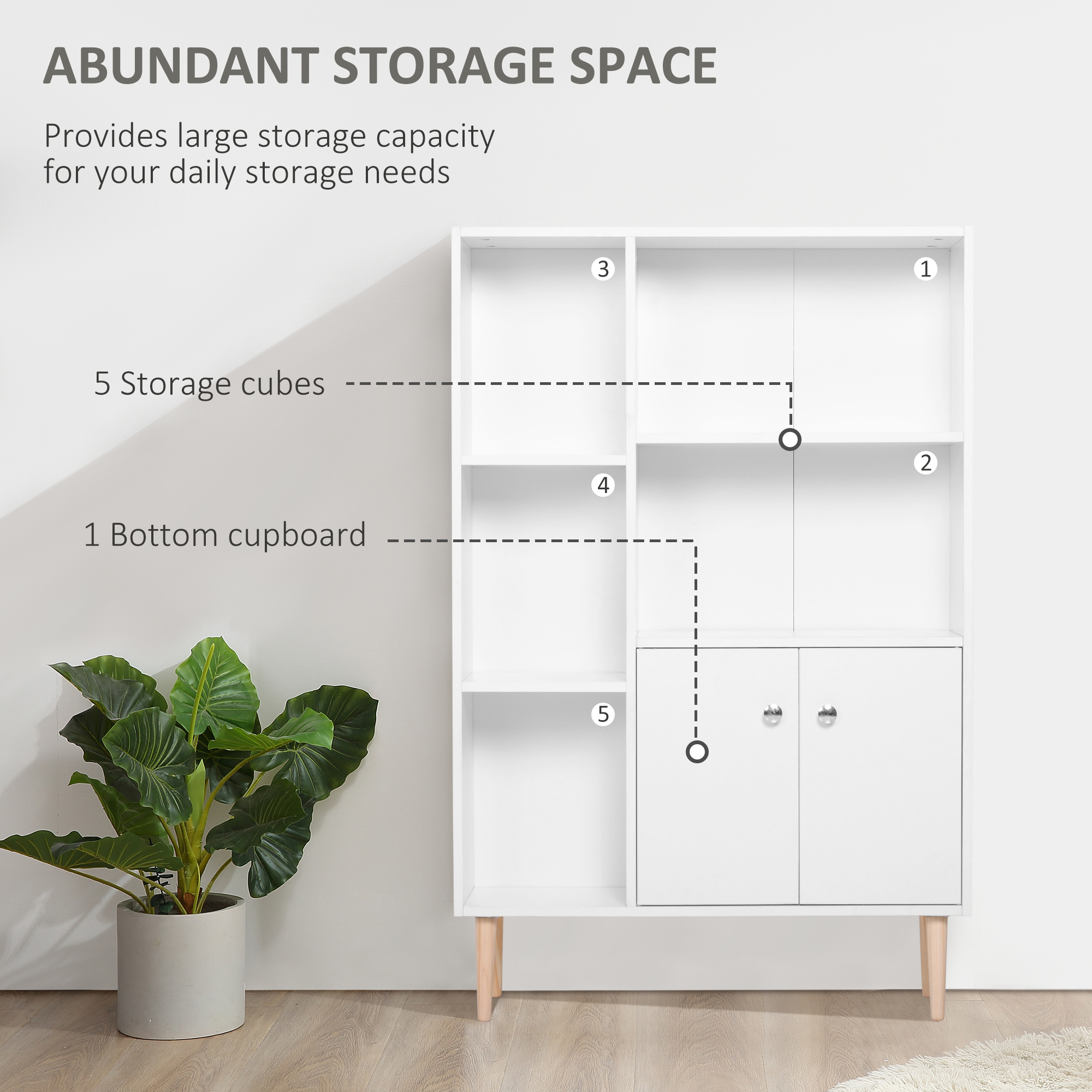 HOMCOM Sideboard Storage Cabinet Cupboard, Open Bookcase with 2 Doors 5 Compartments Wooden Modern Style for Living Room Bedroom Kitchen 80 x 23 x 123 cm, White 4