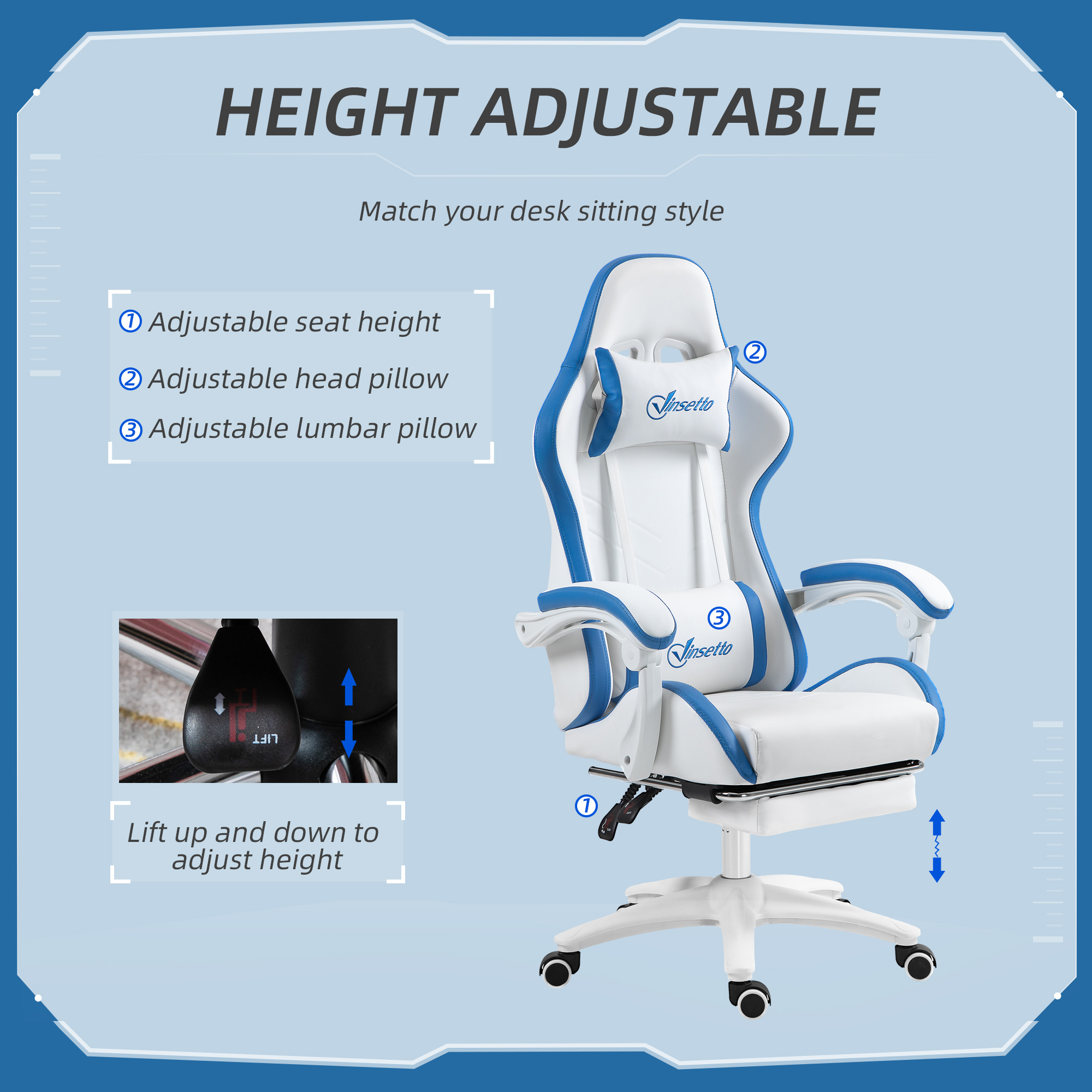Vinsetto Computer Gaming Chair, PU Leather Office Desk Chair with Footrest, Swivel Wheels, 135° Reclining Back, Lumbar Support, Headrest for Home, White and Blue 4