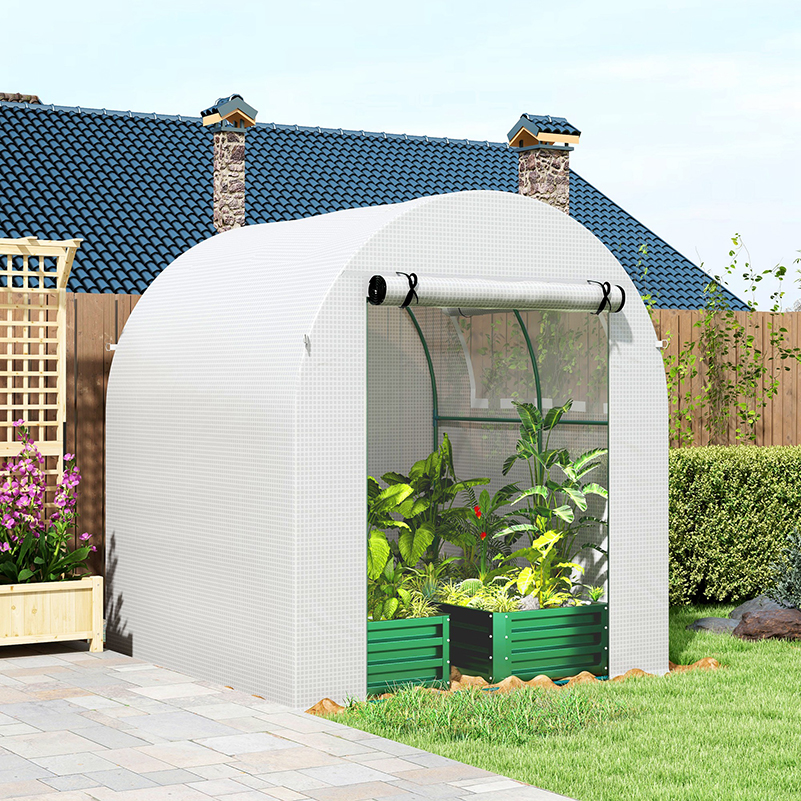 Outsunny Walk in Polytunnel Greenhouse, Green House for Garden with Roll-up Window and Door, 1.8 x 1.8 x 2 m, White 9