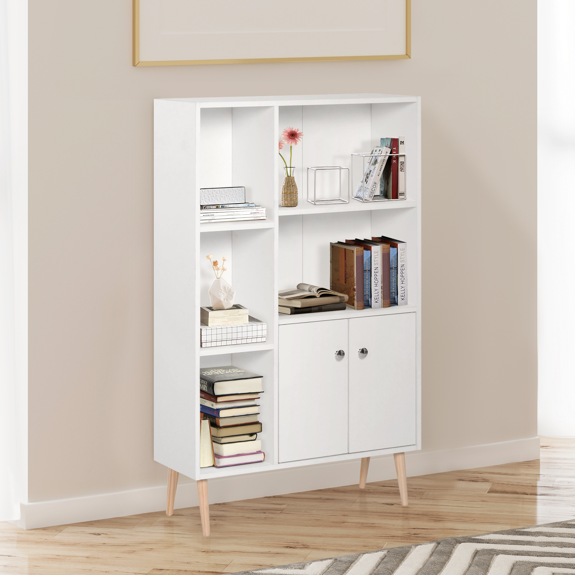HOMCOM Sideboard Storage Cabinet Cupboard, Open Bookcase with 2 Doors 5 Compartments Wooden Modern Style for Living Room Bedroom Kitchen 80 x 23 x 123 cm, White 2